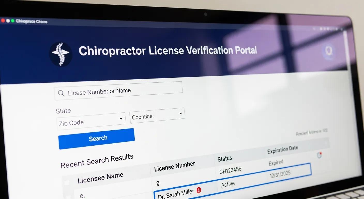 Close-up of a computer screen displaying a chiropractor license verification portal