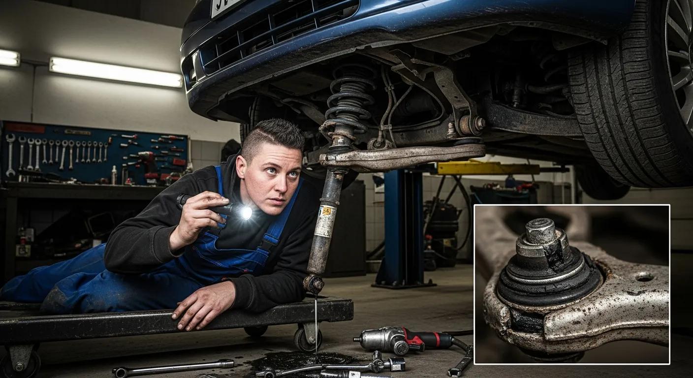 Mechanic inspecting vehicle suspension system with worn shocks and bushings