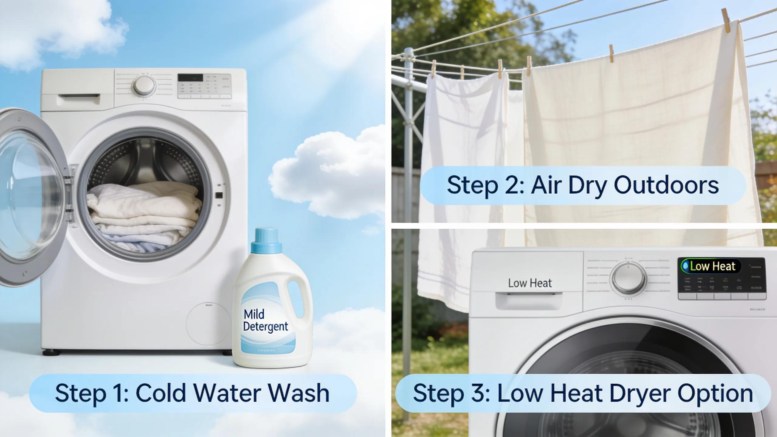 Best care practices for linen fitted sheets, illustrating washing and drying methods