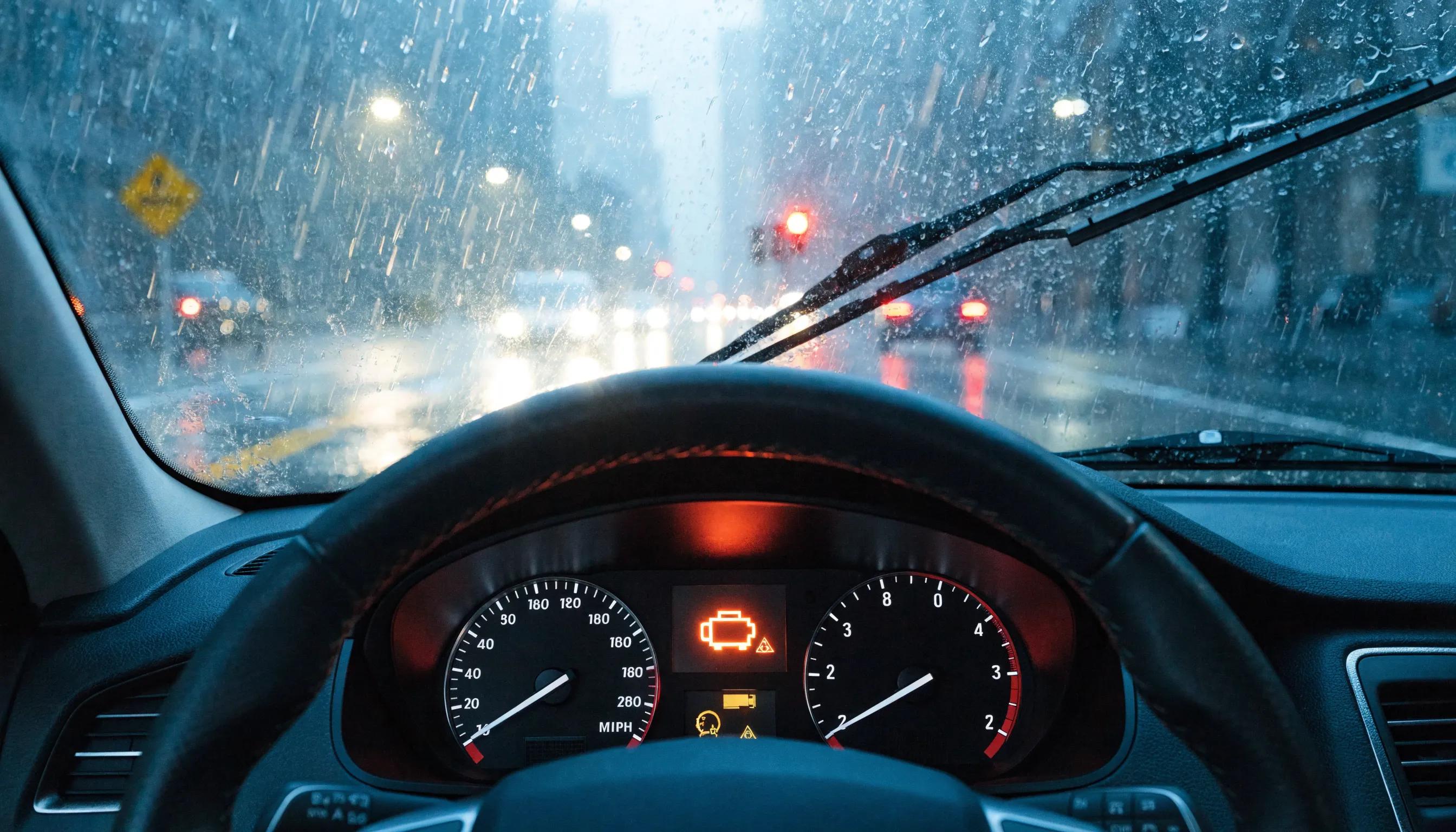 Dashboard with illuminated check engine light, indicating potential catalytic converter failure symptoms Vehicle dashboard with illuminated check engine light in rainy conditions, indicating catalytic converter issues.