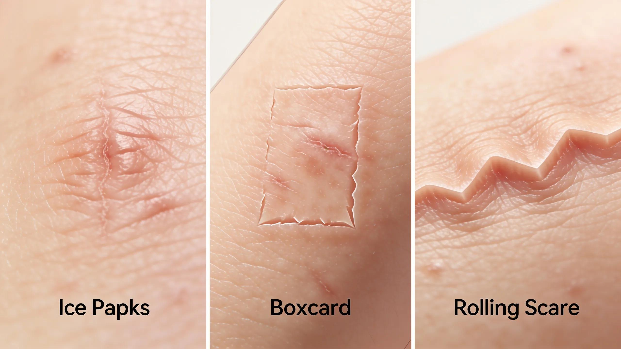 Close-up of different acne scar types: ice pick, boxcar, and rolling scars, illustrating their unique characteristics