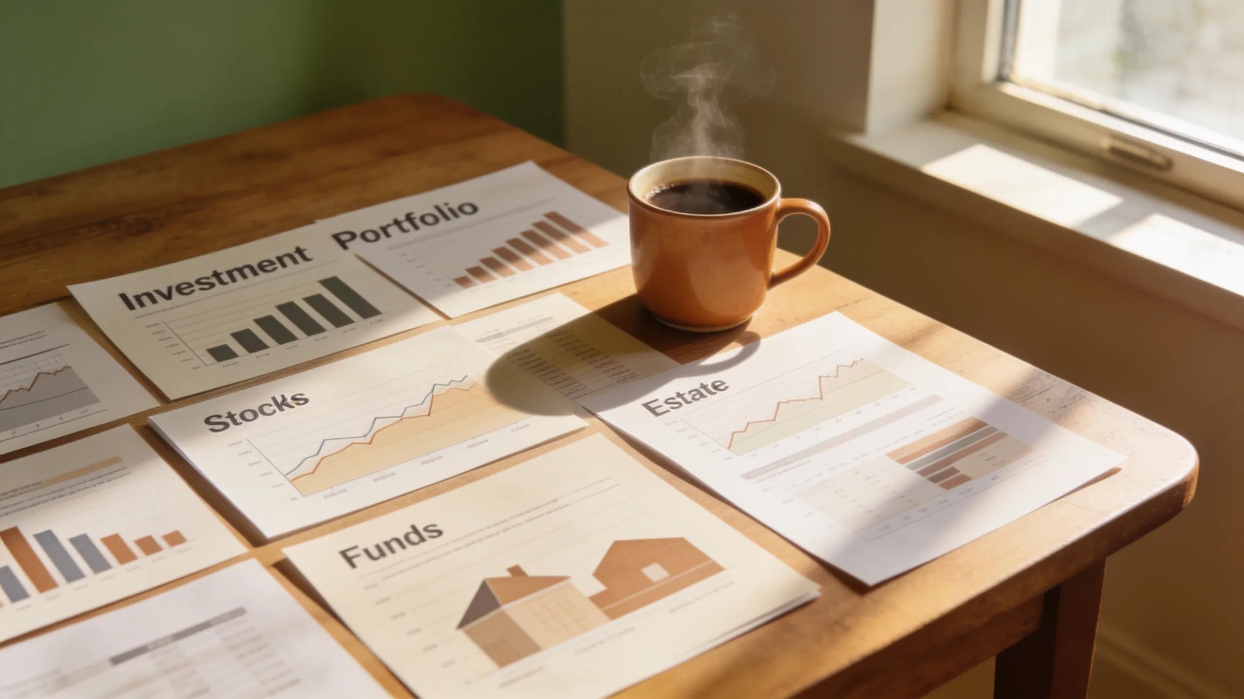 Cozy image of a diversified investment portfolio with a coffee cup, symbolizing wealth preservation in a homely setting