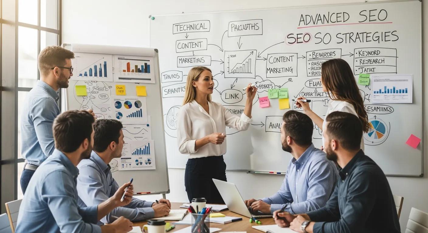 Digital marketing team brainstorming advanced SEO strategies on a whiteboard Digital marketing team brainstorming advanced SEO strategies on a whiteboard