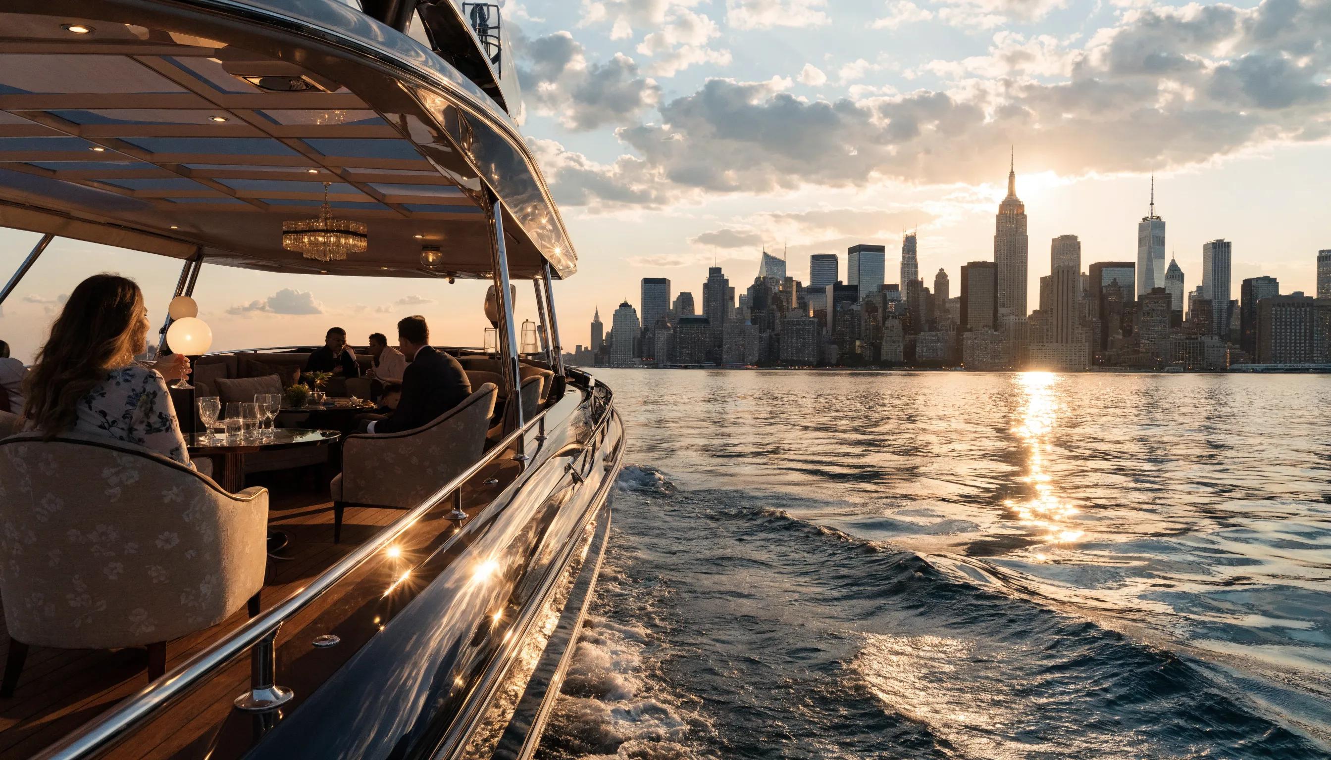Luxury corporate yacht in NYC with Manhattan skyline at sunset