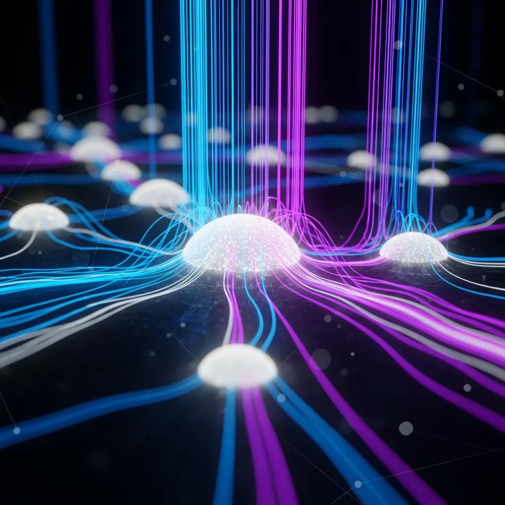 Abstract representation of AI and entity clarity with interconnected nodes and data streams
