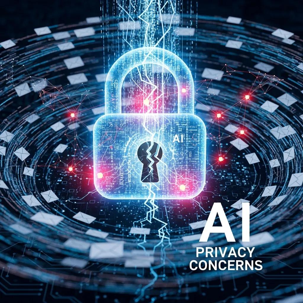 Abstract representation of AI email privacy concerns with data streams and locks