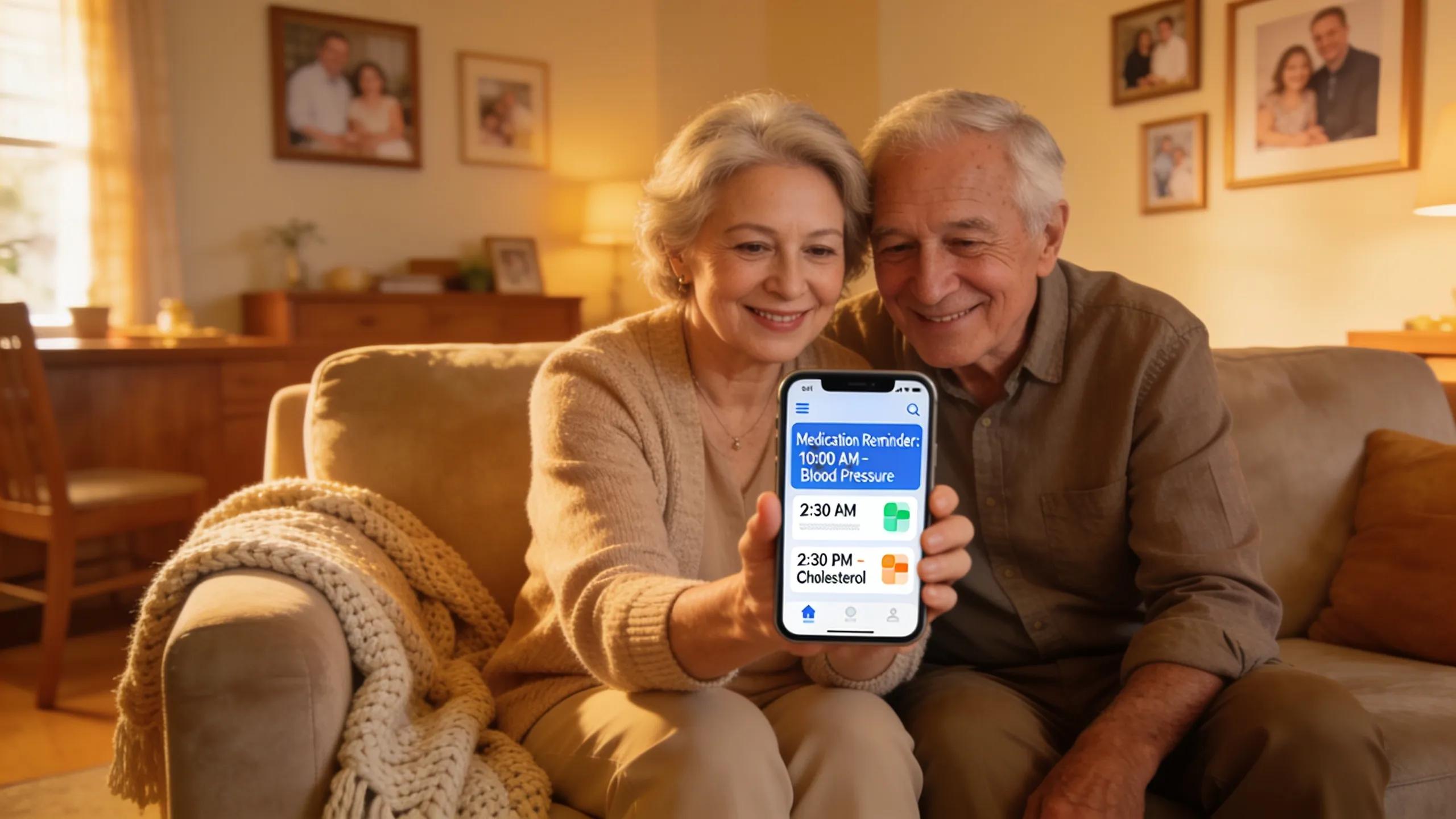 Senior couple using medication management app on smartphone in cozy living room