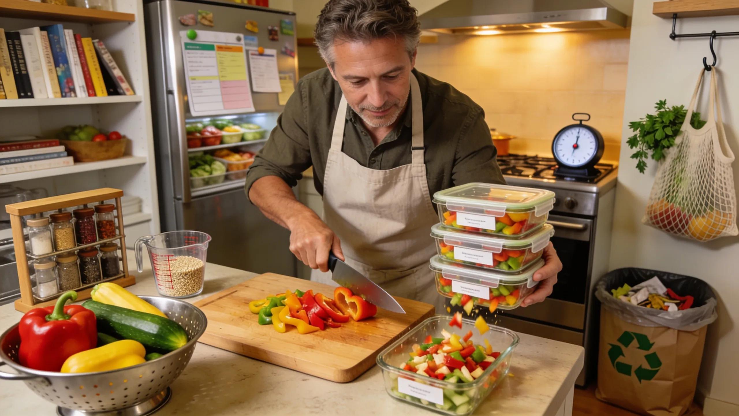 An adult preparing healthy meal prep in a well-organized kitchen