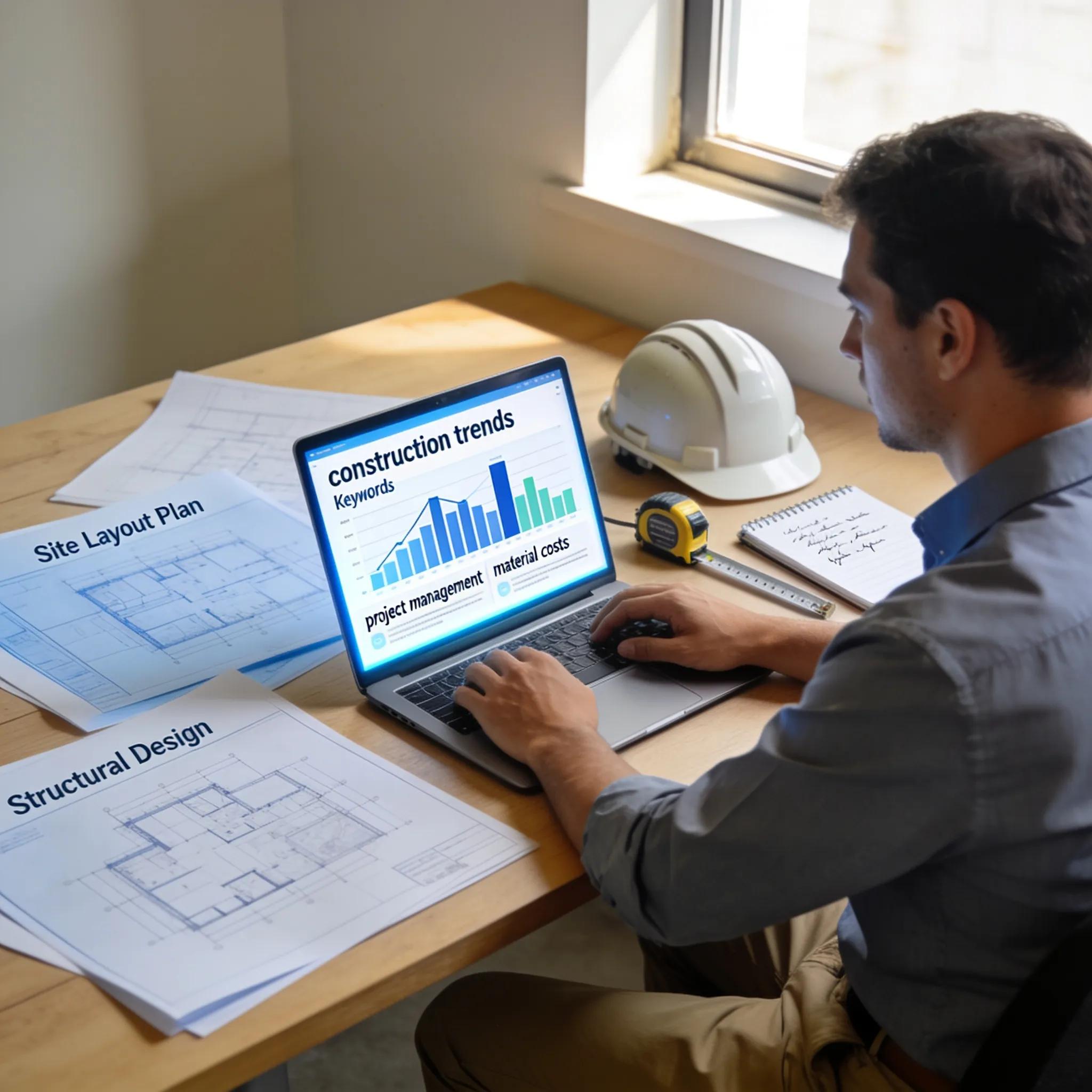 Contractor analyzing data for effective keyword research in construction