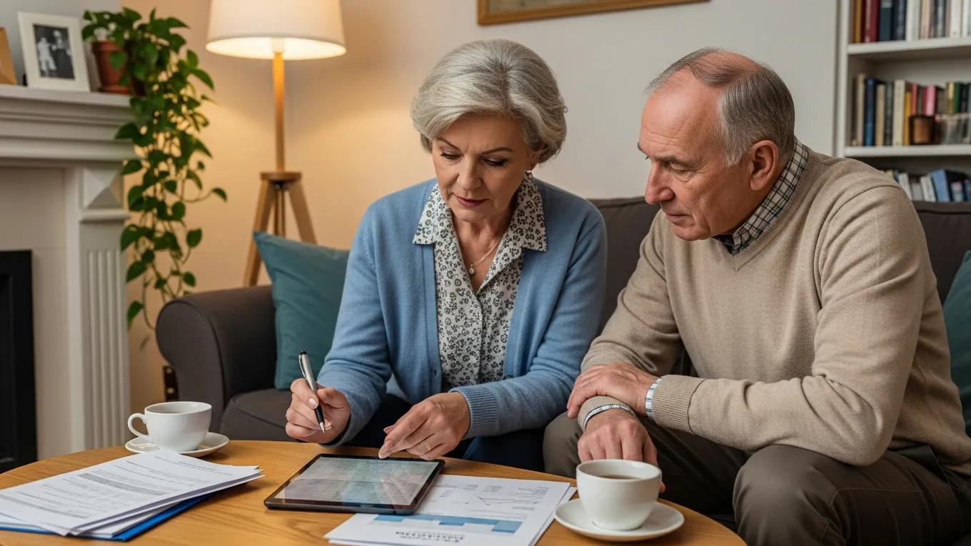 Retired couple discussing financial strategies in a cozy living room