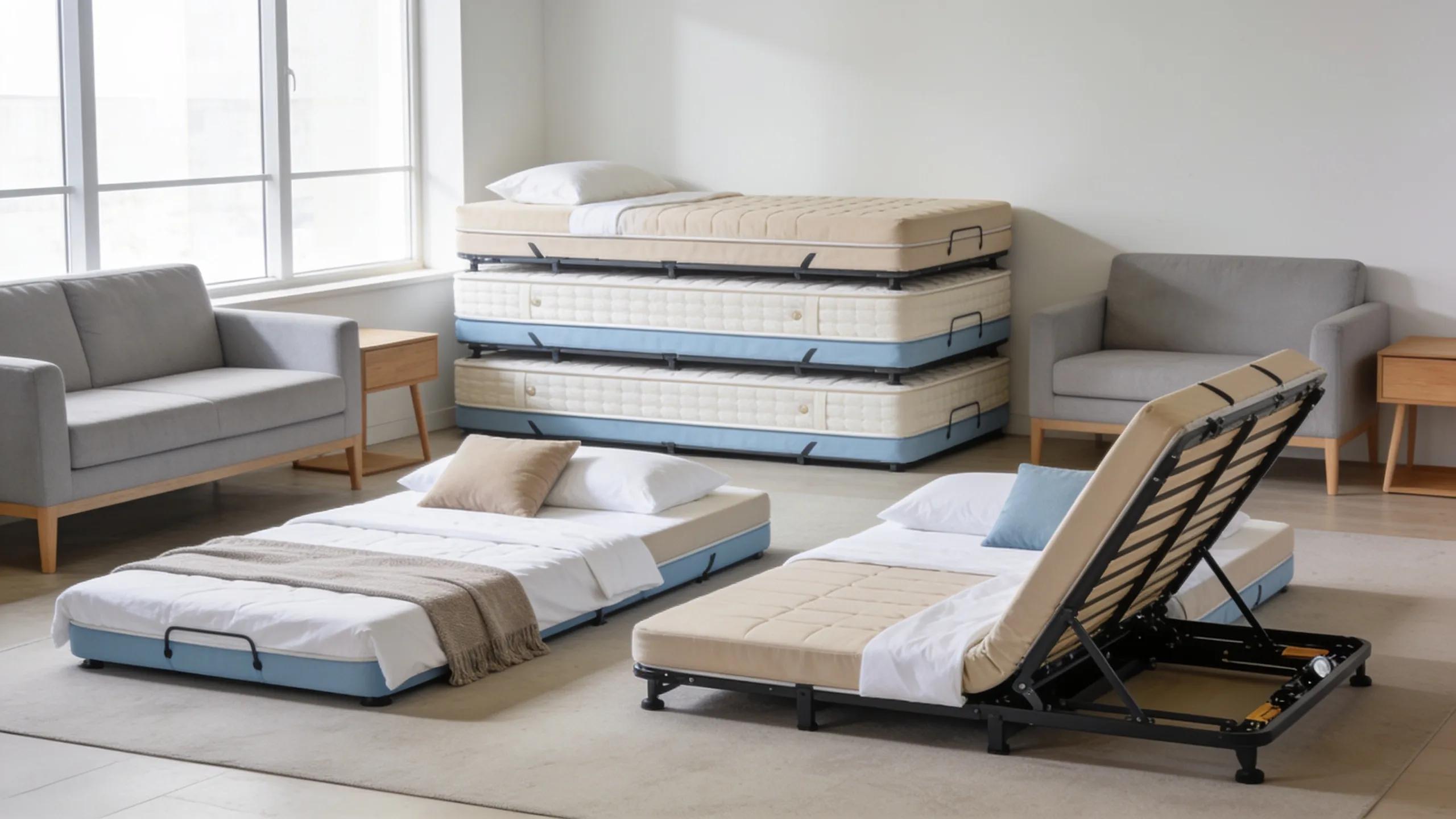 Multiple foldable mattresses in a modern living space, illustrating key benefits of space-saving and versatility for guest use.