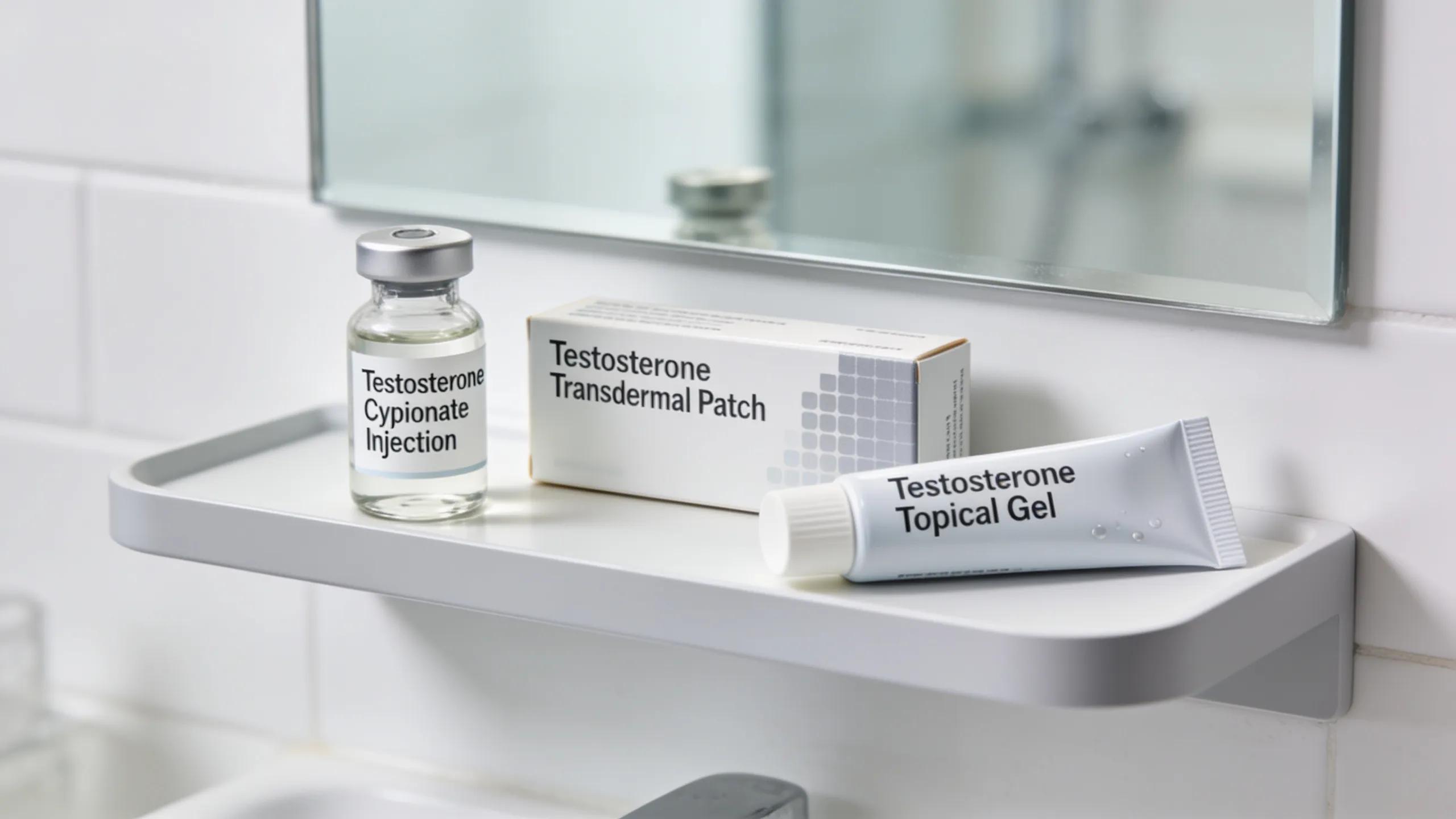 Various testosterone delivery methods displayed on a clean bathroom shelf, including injections, patches, and gels