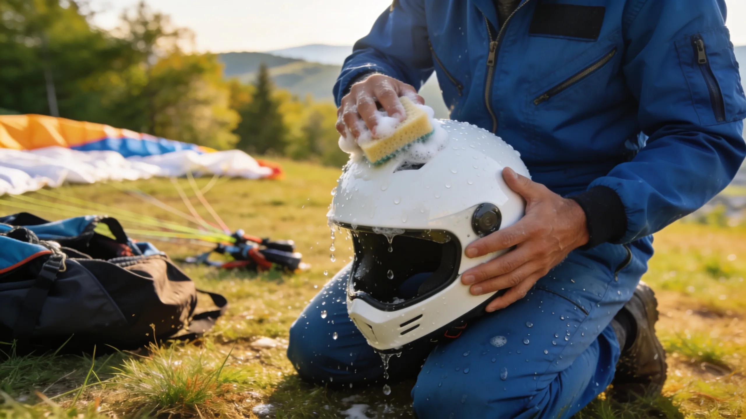 Pilot cleaning a paragliding helmet in an outdoor setting, demonstrating best maintenance practices