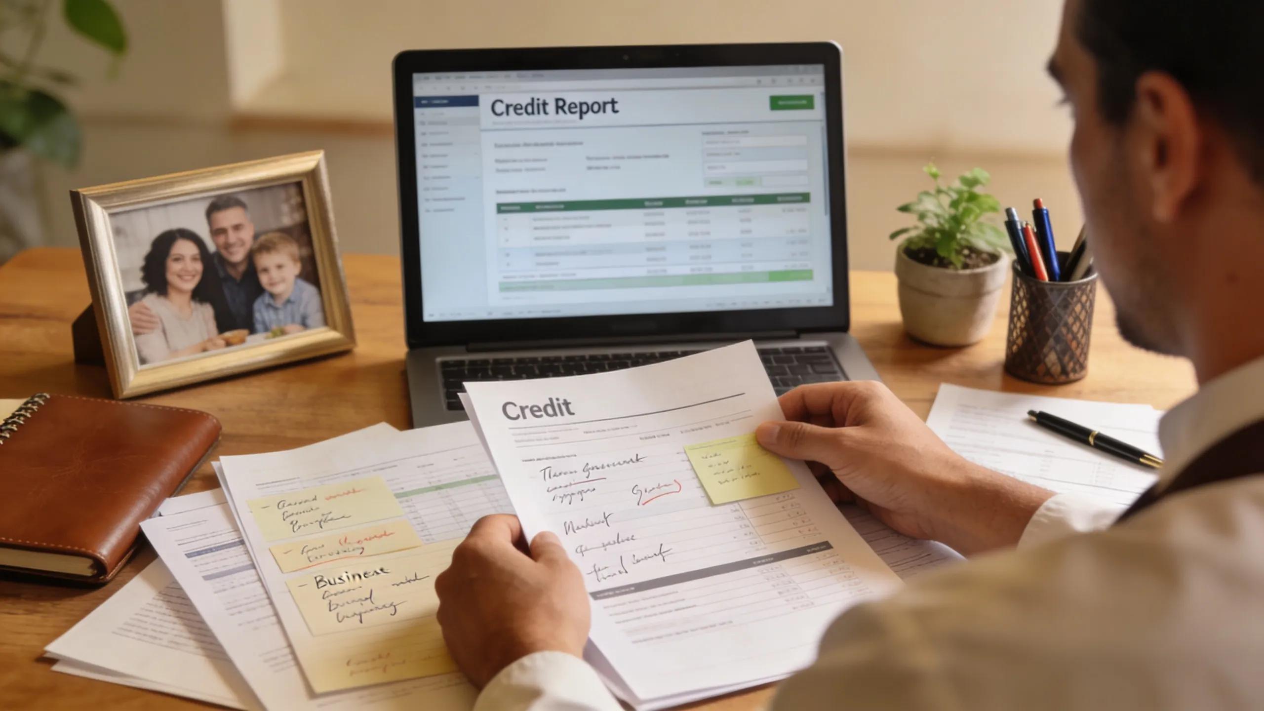 Restaurant owner working on business credit setup at a desk, highlighting financial preparation