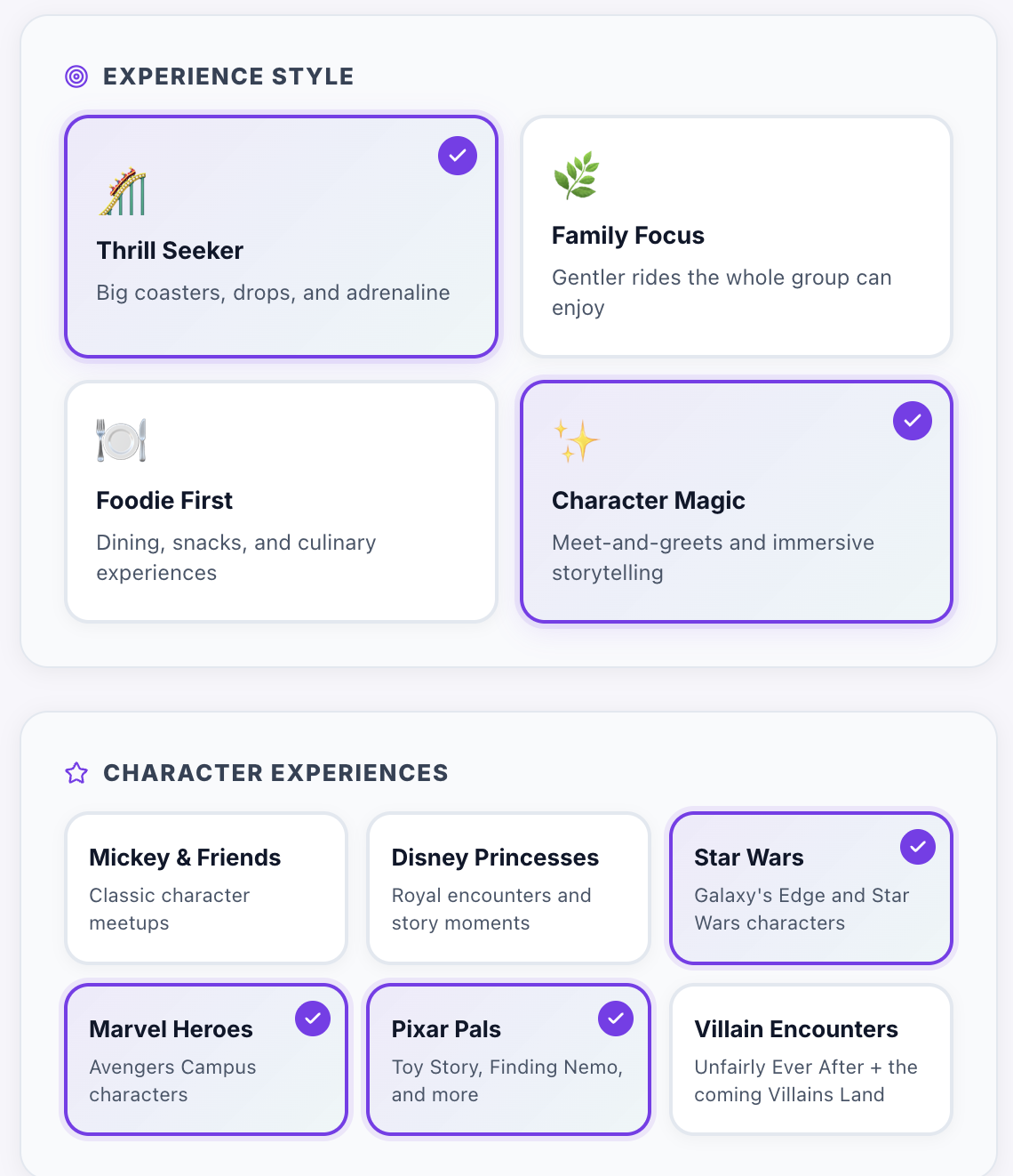 Your preferences is where you can plan your Disney World trip based on characters such as Pixar, Mickey and Friends, or Star Wars