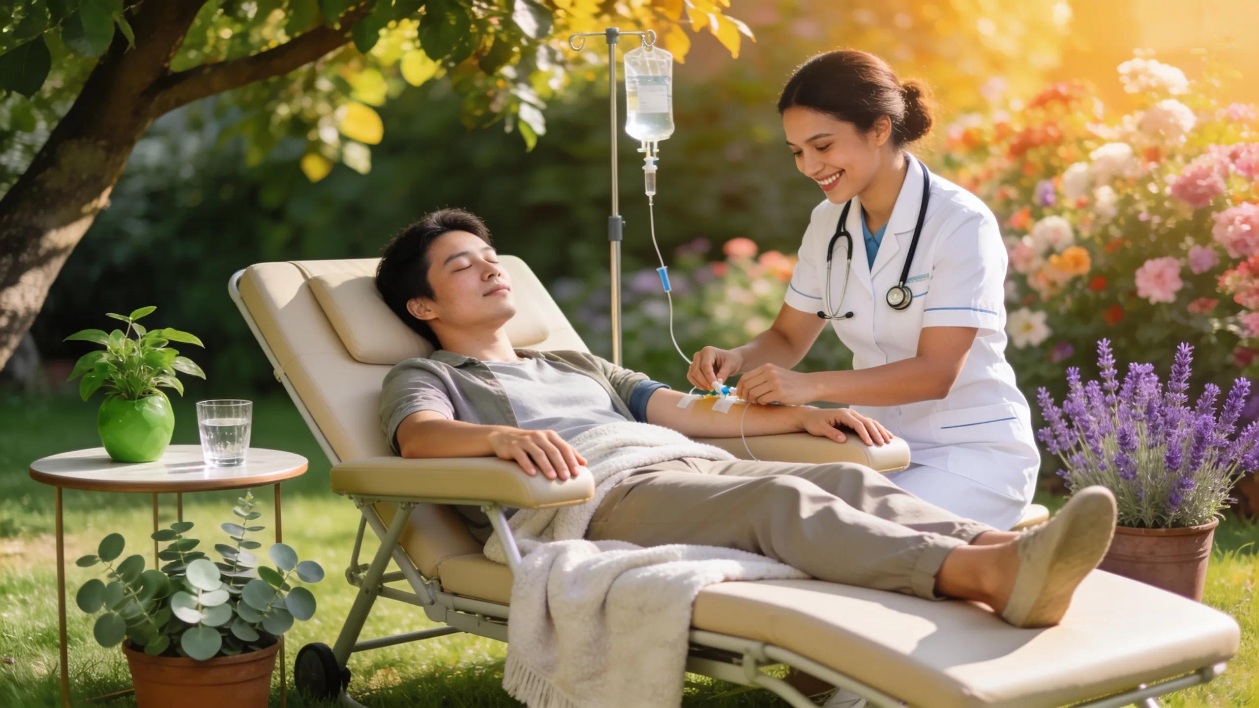 Mobile IV therapy session outdoors with healthcare professional and client