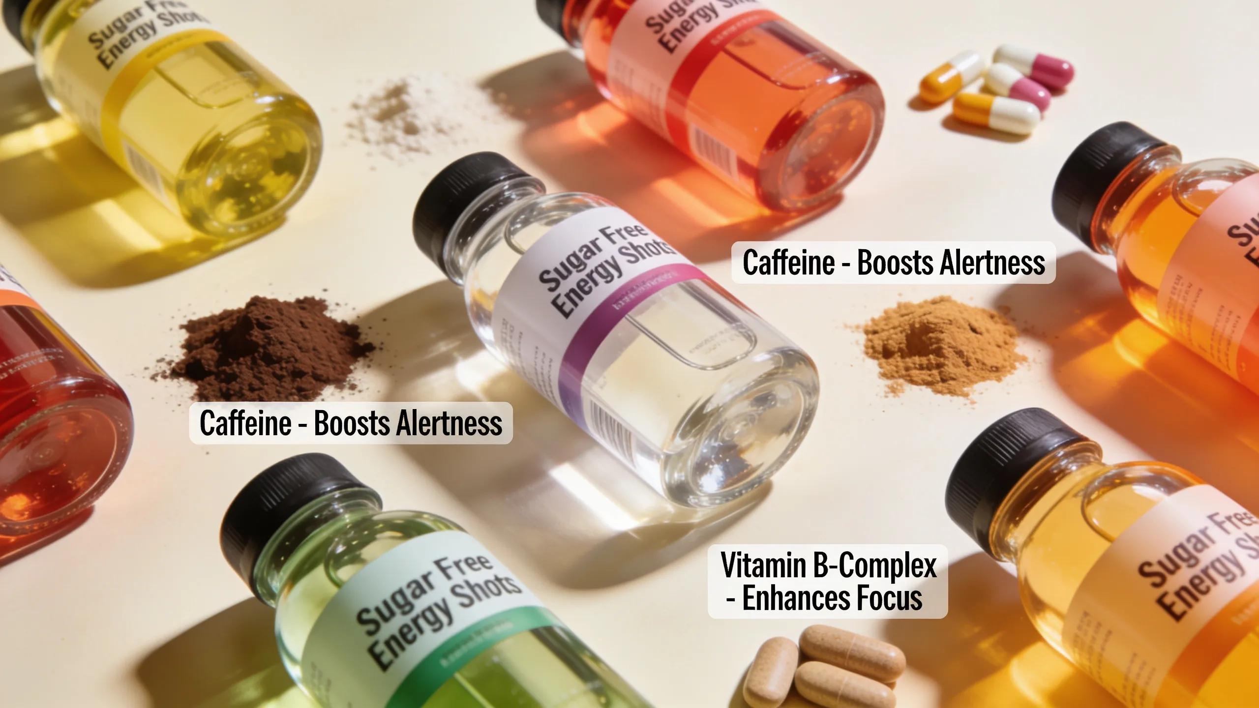 Close-up of sugar-free energy shots and ingredients showcasing health benefits related to energy and focus