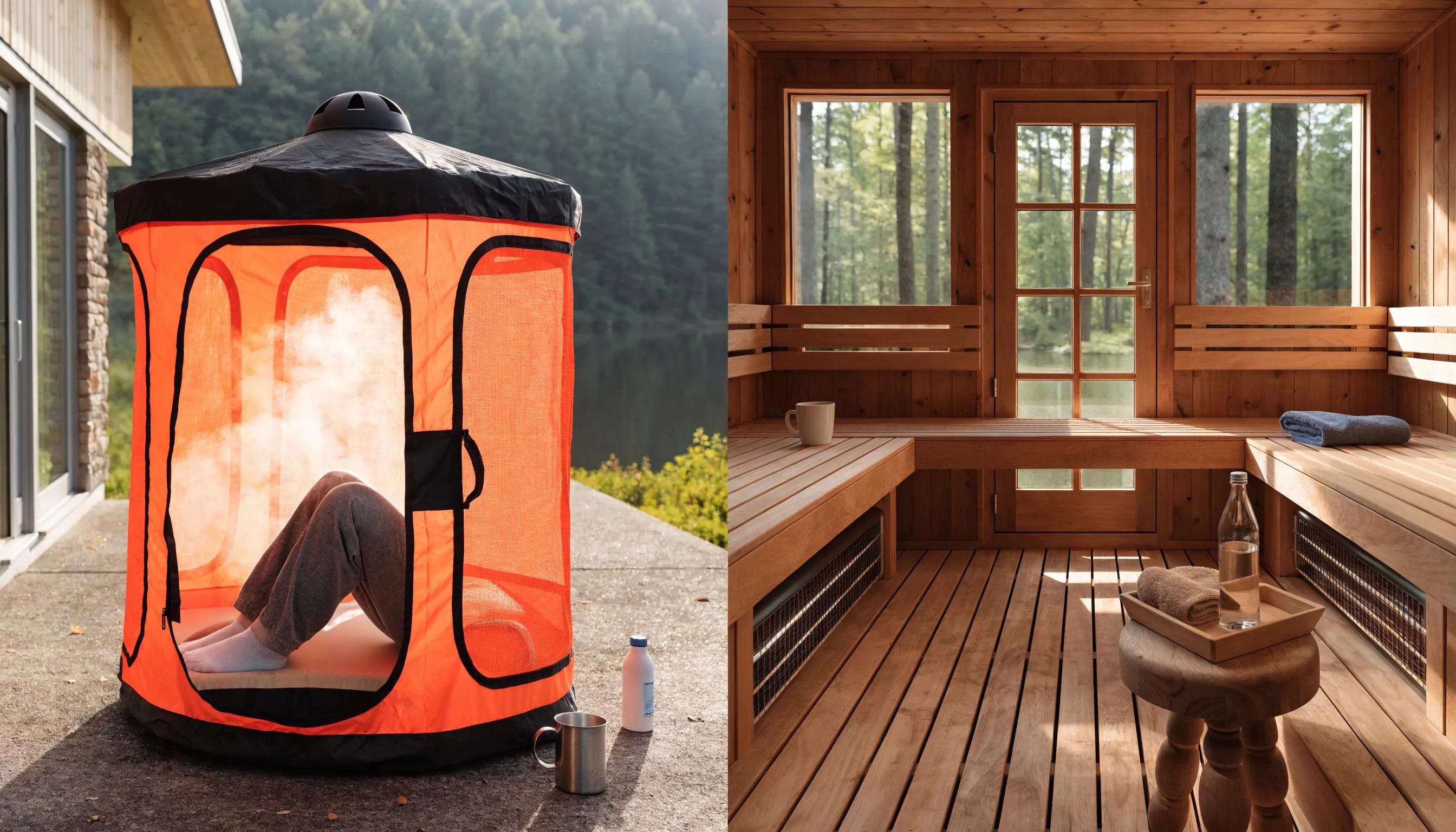 Visual comparison between portable steam sauna tent and traditional infrared sauna highlighting key differences