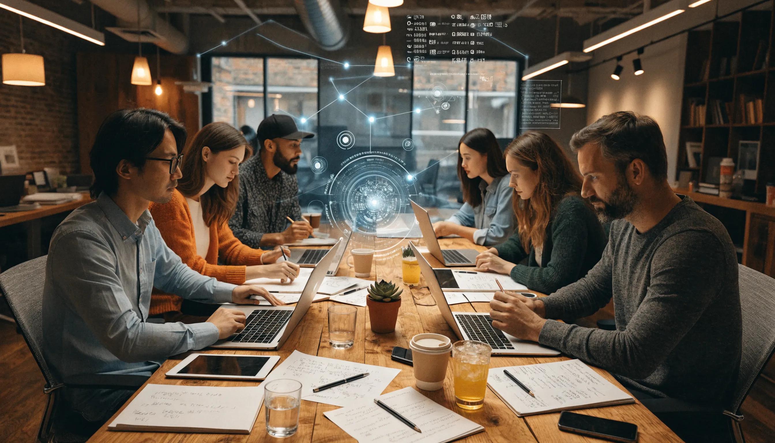 Digital marketing team collaborating on programmatic advertising strategies in a modern workspace