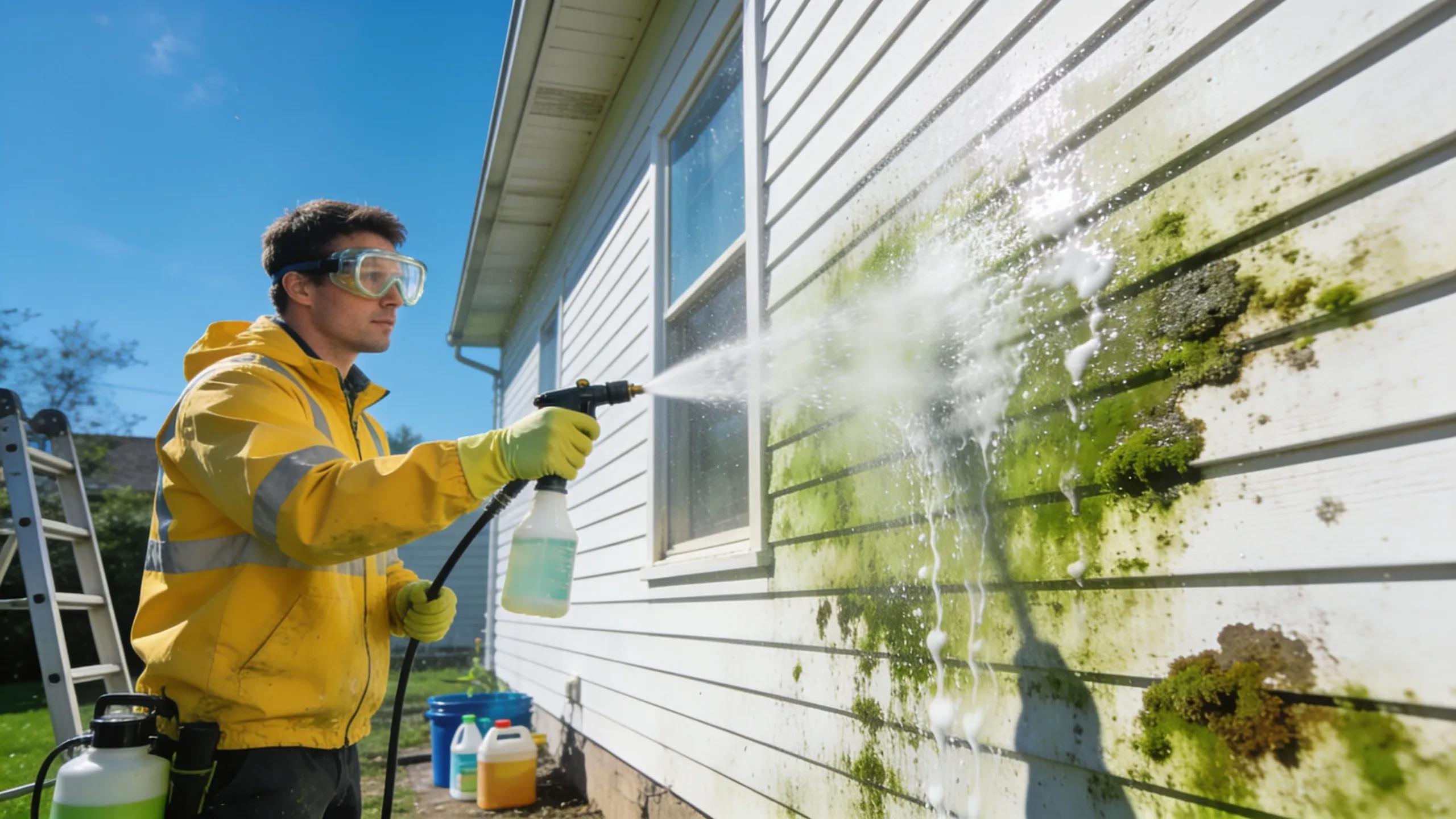 Professional cleaner using soft washing technique to remove mold and algae from home exterior