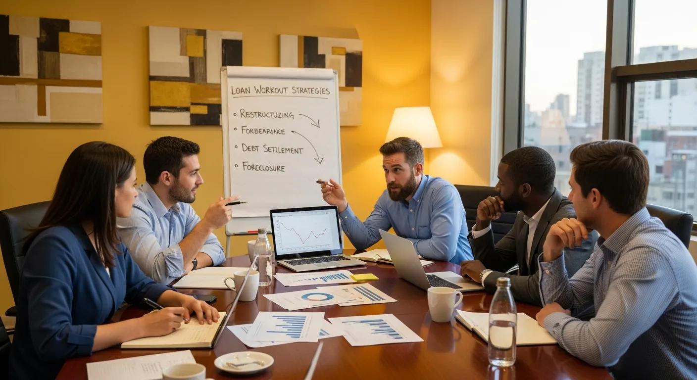 Team meeting discussing loan workout strategies in a cozy conference room
