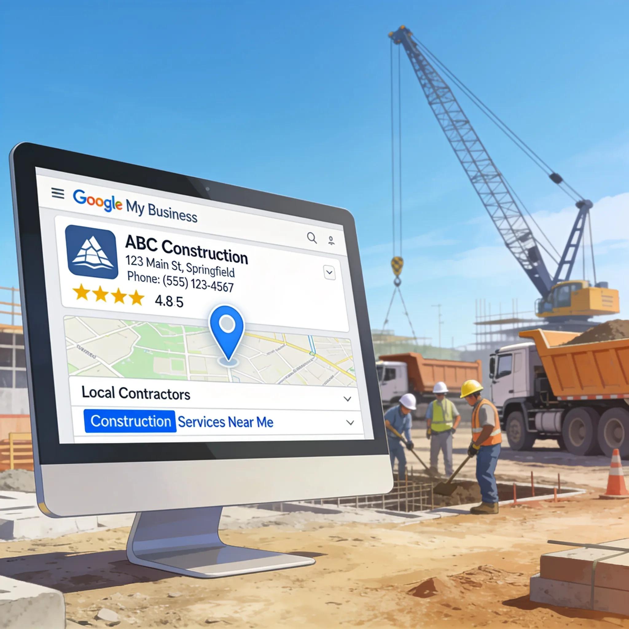 Computer screen showing Google My Business profile for construction services, illustrating local SEO importance.