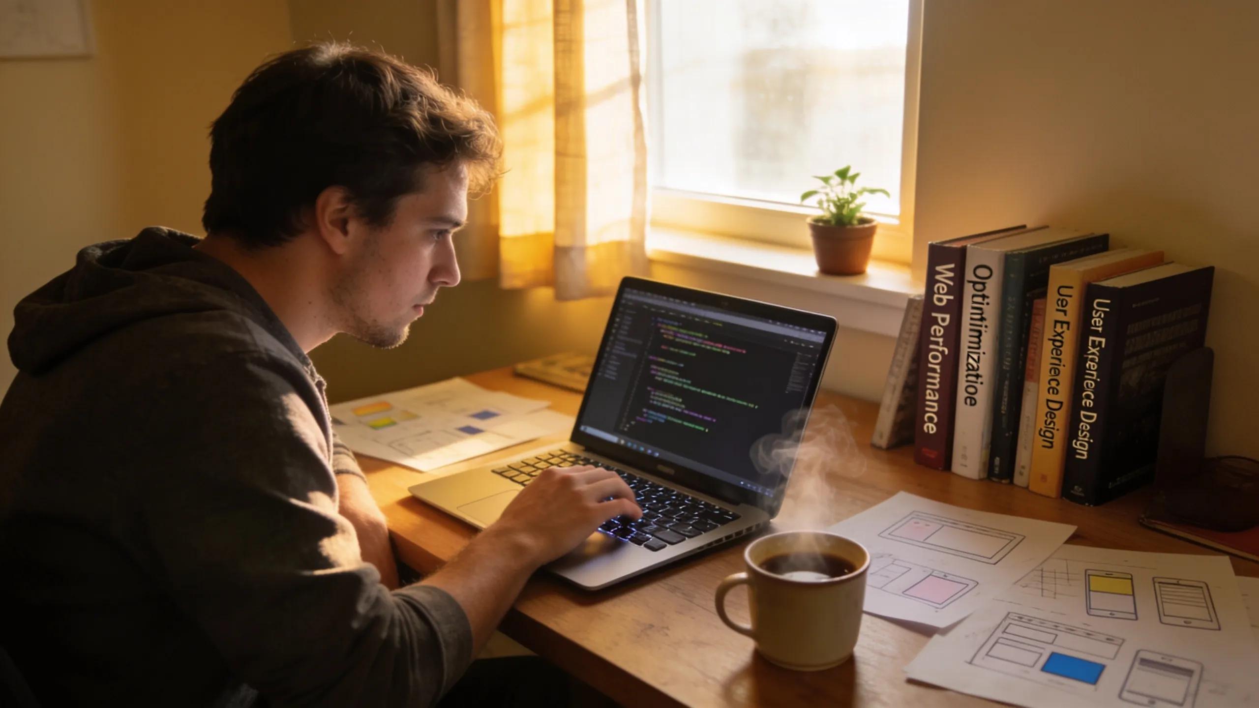 Man working on laptop illustrating web development and user experience design.