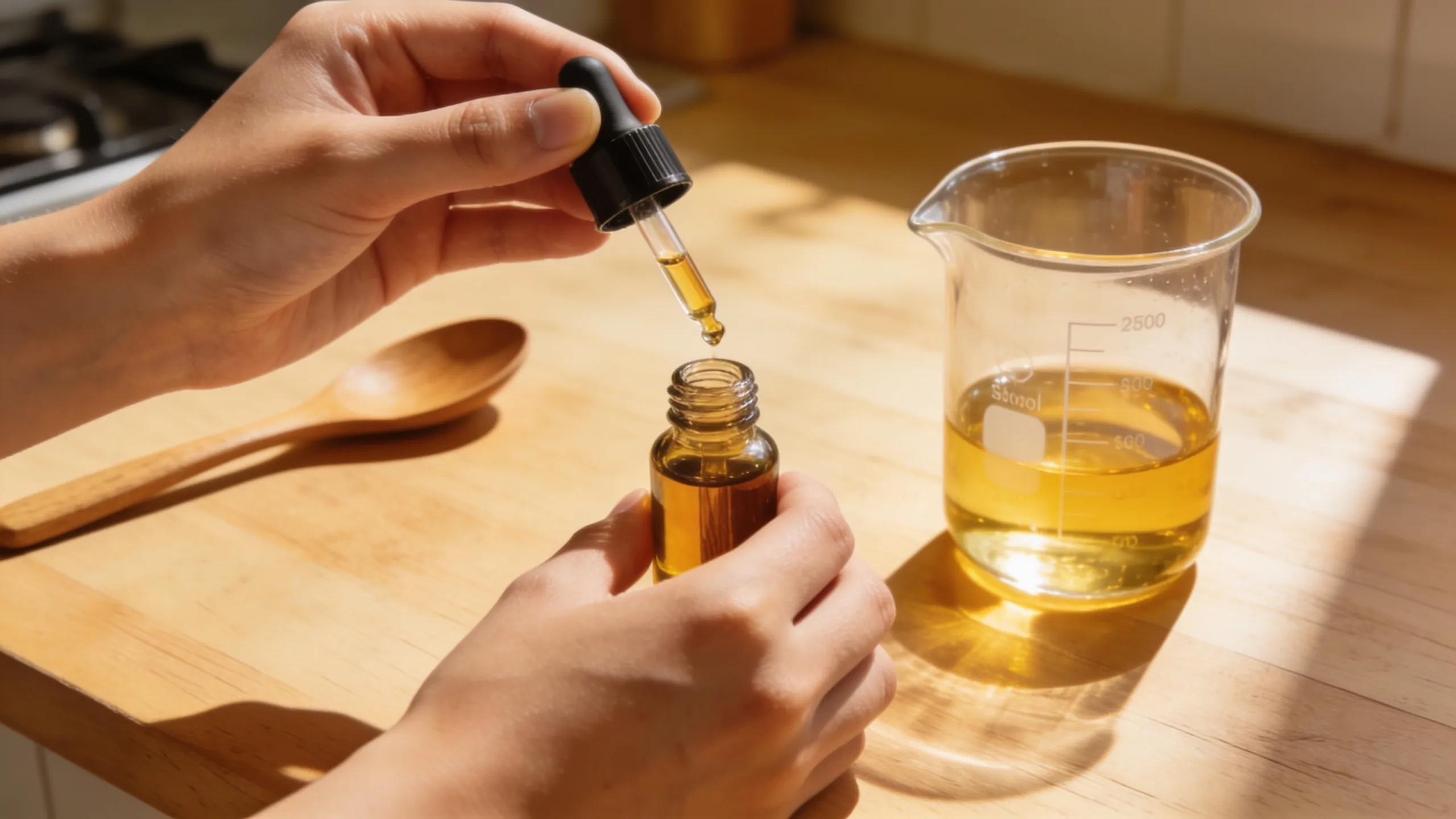 Hands measuring sandalwood and carrier oils for a skin blend