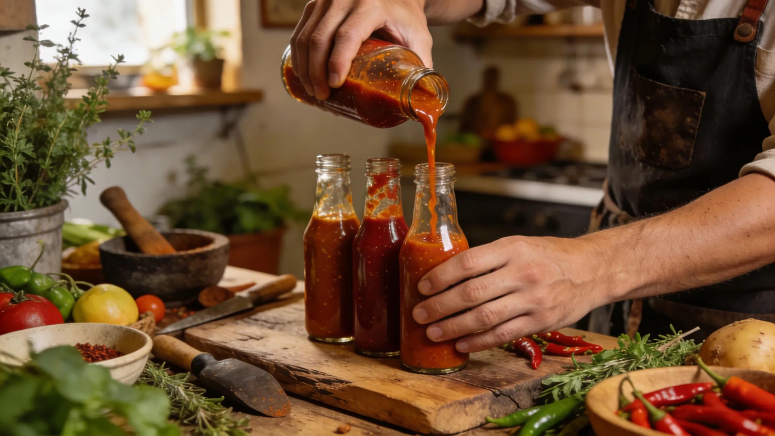 Artisan hot sauce maker pouring sauce into bottles, showcasing small-batch production techniques