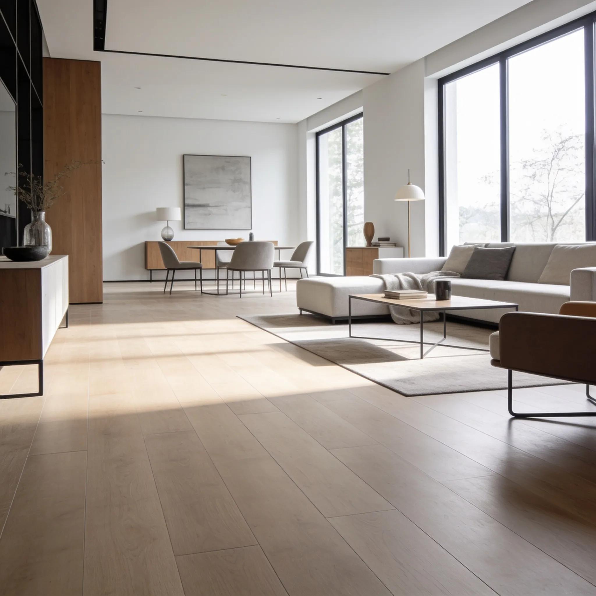 Contemporary room with a matte wood floor emphasizing a calm, modern aesthetic
