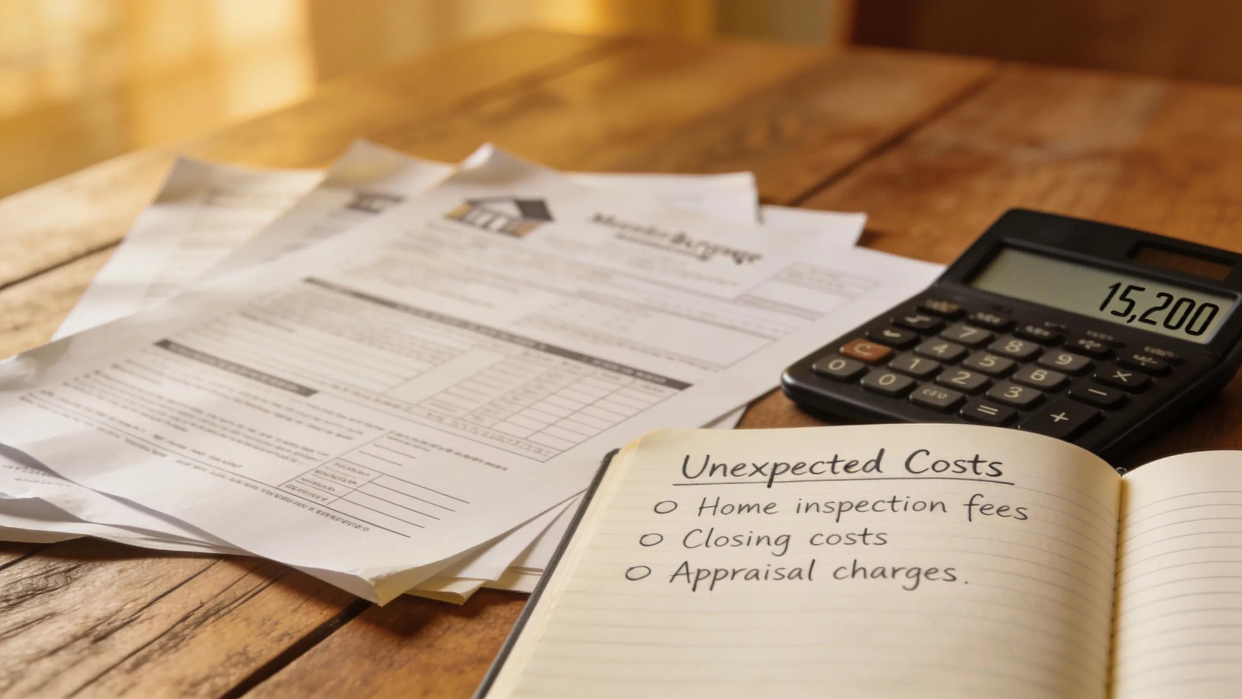 Close-up of home buying documents and calculator illustrating hidden one-time costs
