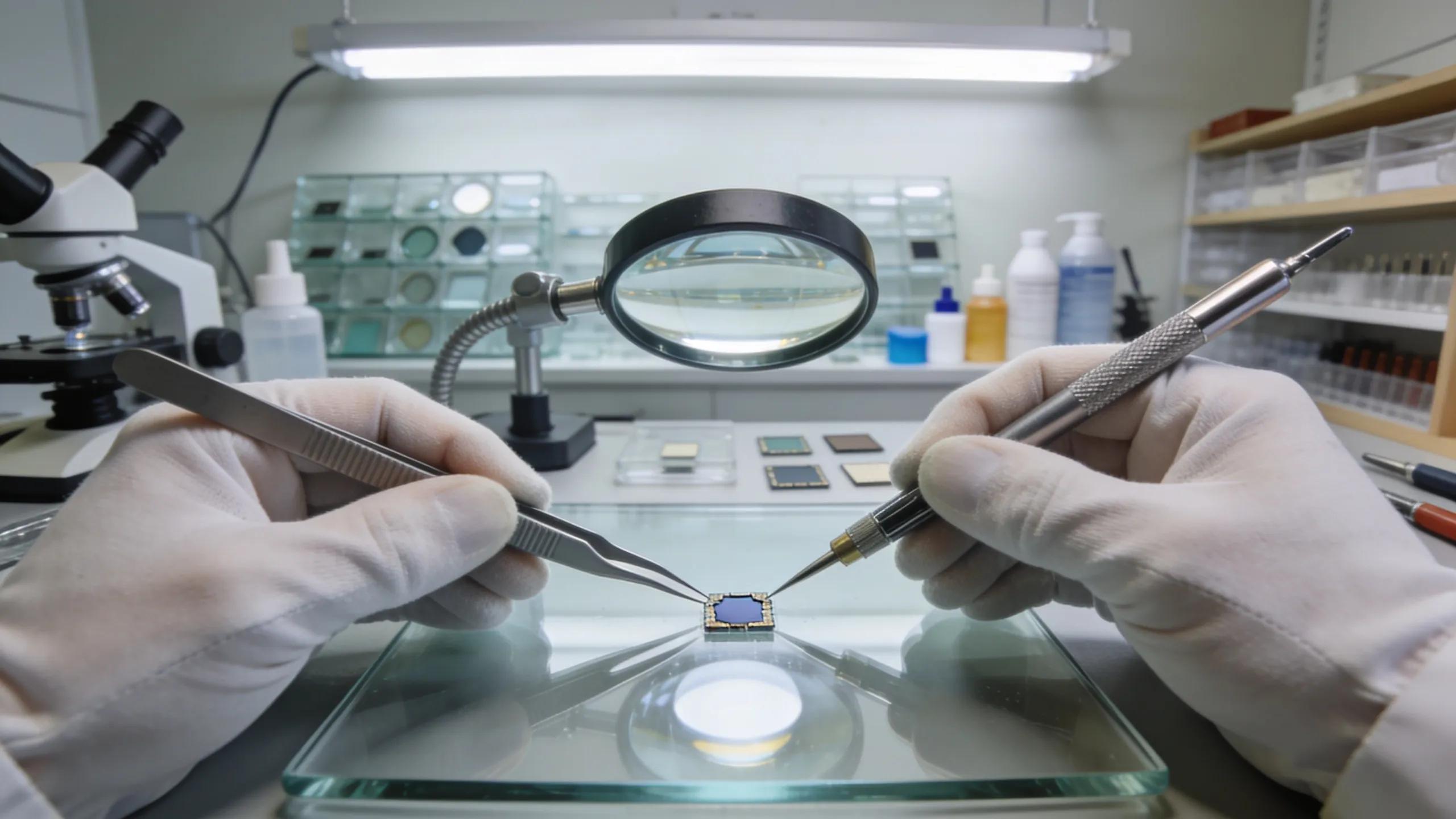 Technician repairing a small chip in glass, emphasizing precision and care in the repair process