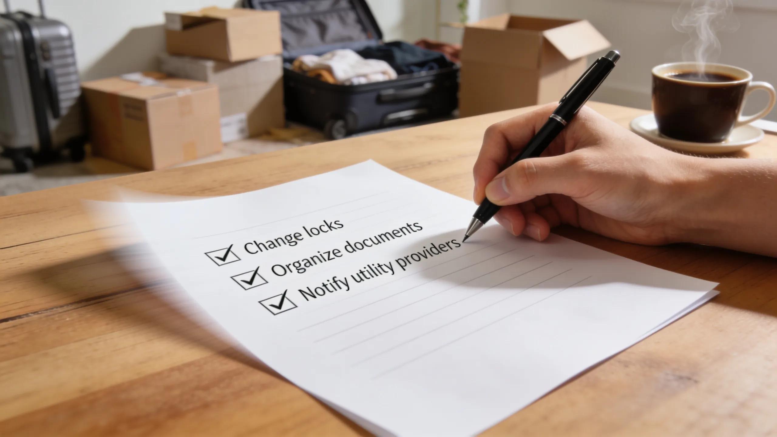 Close-up of a moving checklist being marked off, emphasizing essential tasks for first-time home buyers