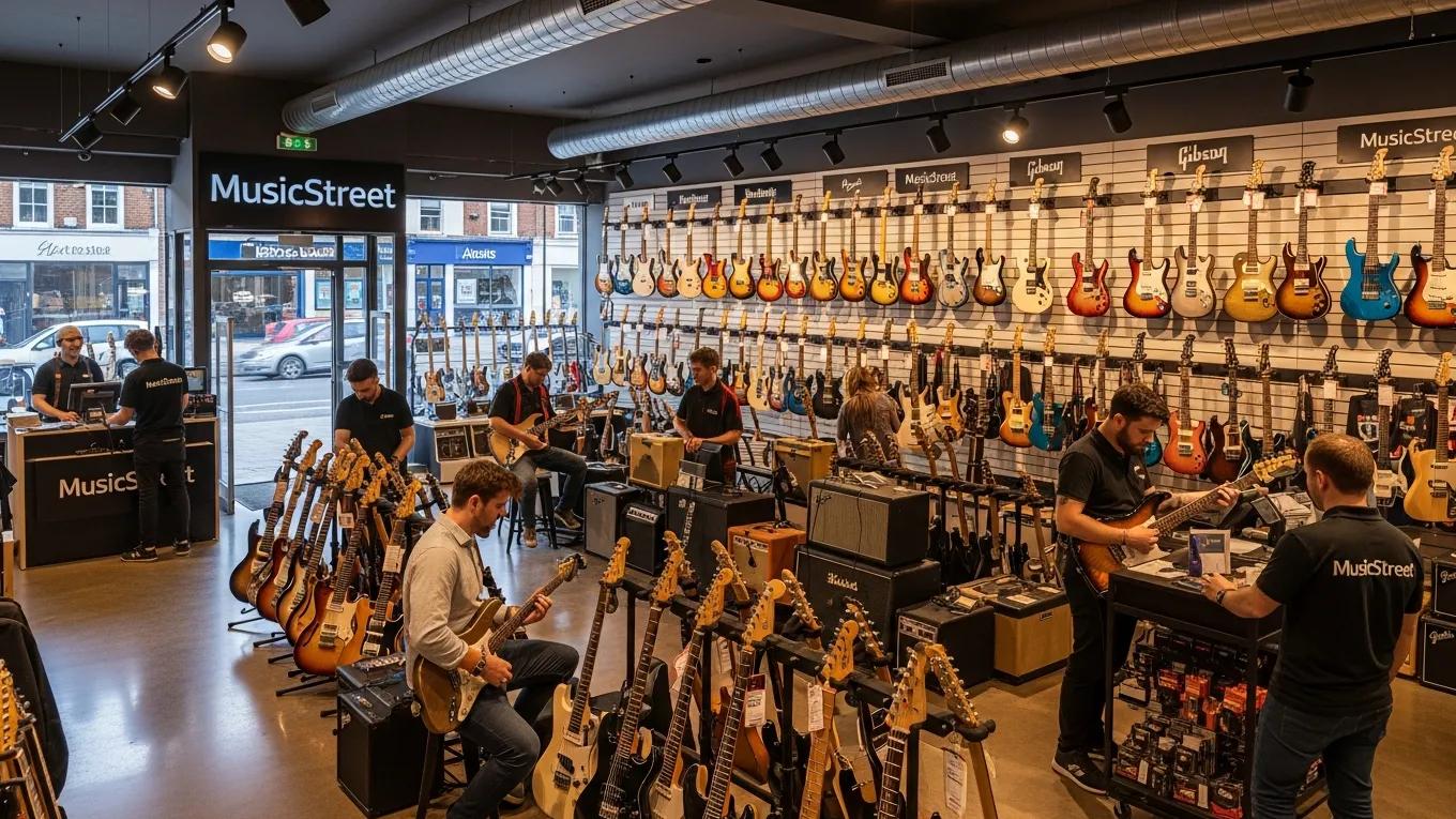 MusicStreet showroom in Huntingdon, Cambridgeshire with electric guitars and staff assisting customers