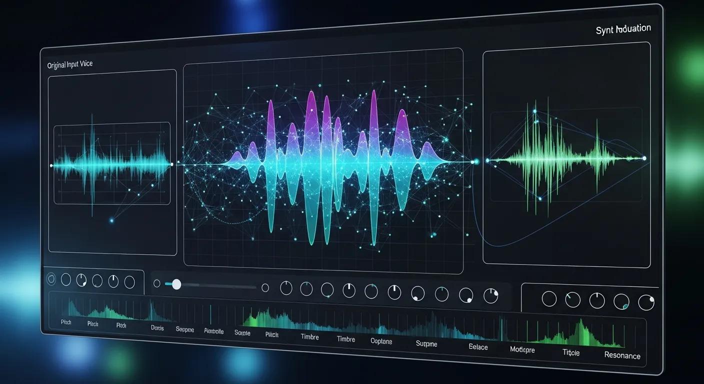 Digital interface with sound waveforms and voice modulation graphics illustrating neural voice synthesis technology Digital interface with sound waveforms and voice modulation graphics illustrating neural voice synthesis technology