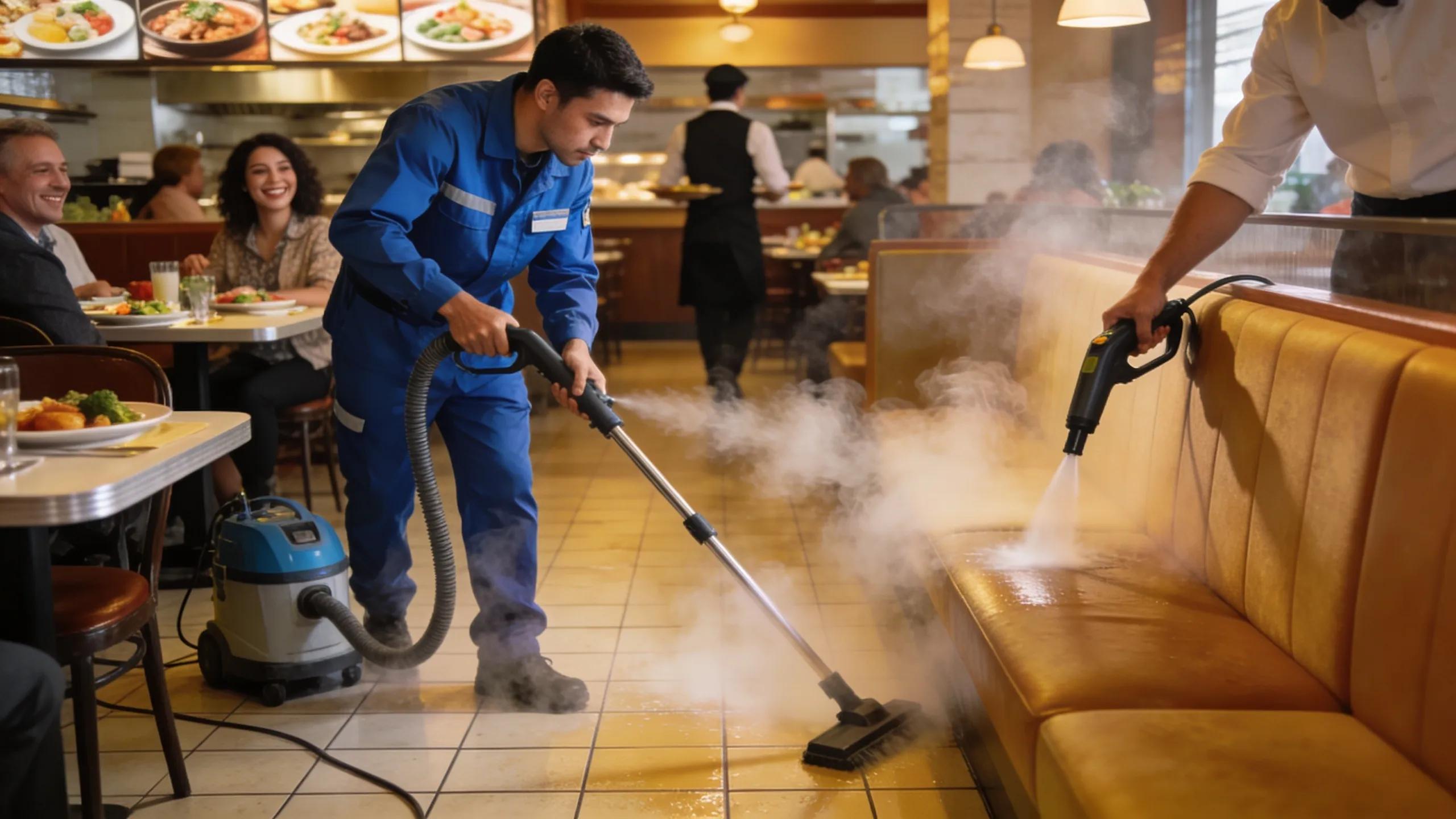 Professional cleaner steam cleaning in a restaurant, emphasizing the importance of cleanliness in commercial spaces