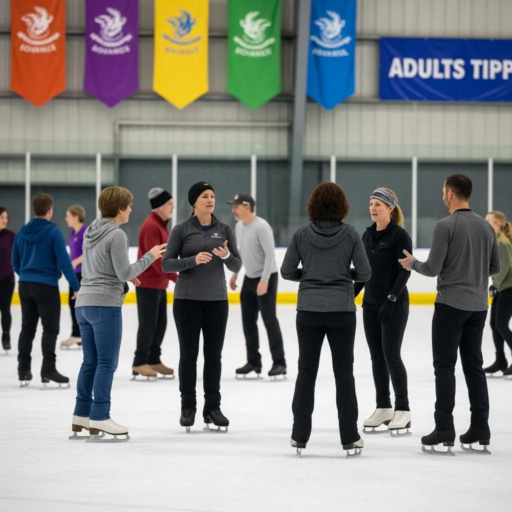 Adult skating community event where skaters share tips and practice together