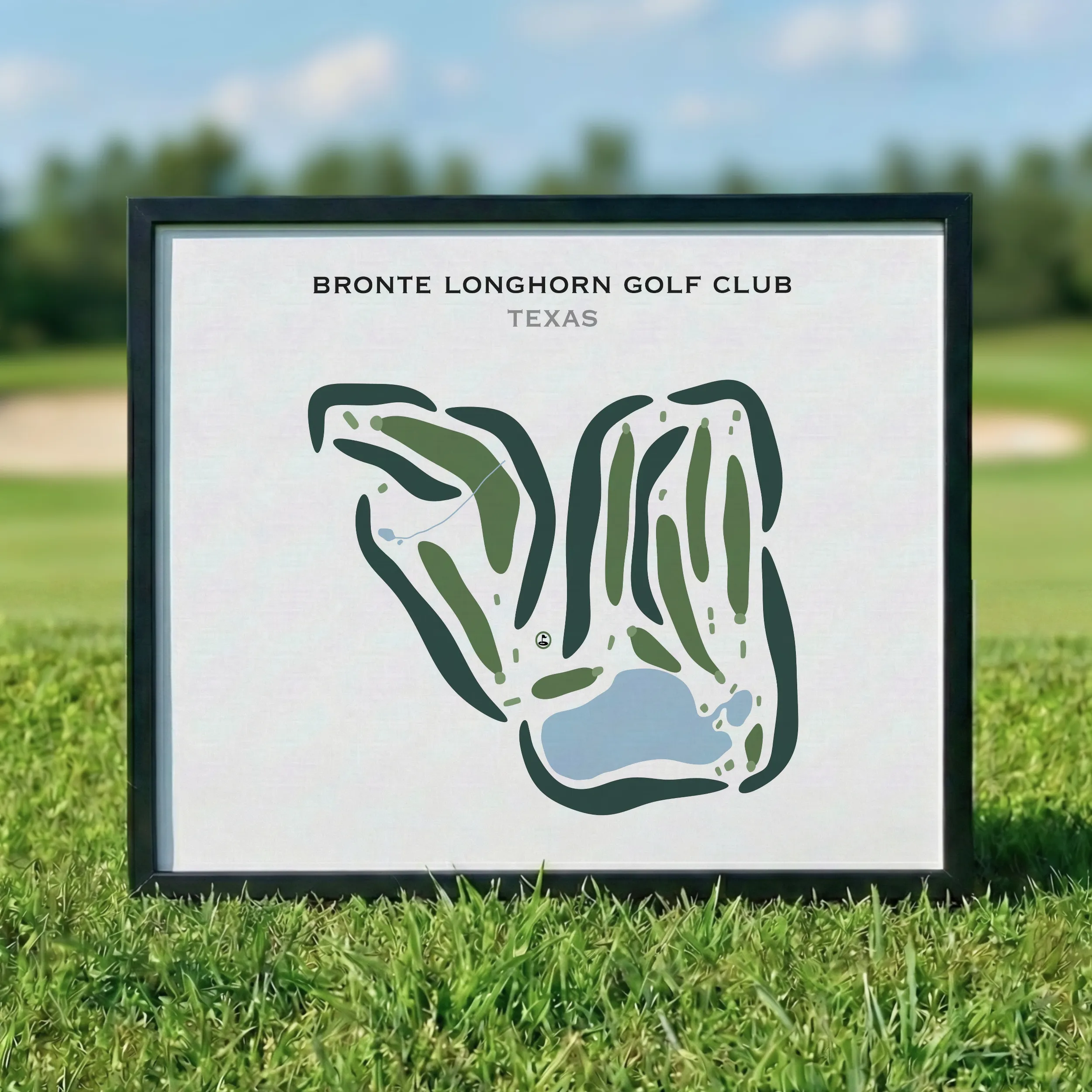 Framed Bronte Longhorn Golf Club Texas course map on a golf green