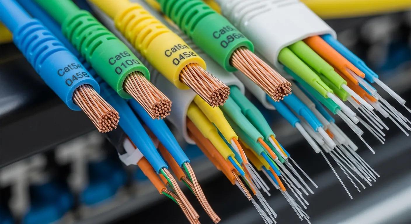 Detail of Cat5e, Cat6, Cat6a copper cables and fiber optic strands for network installations