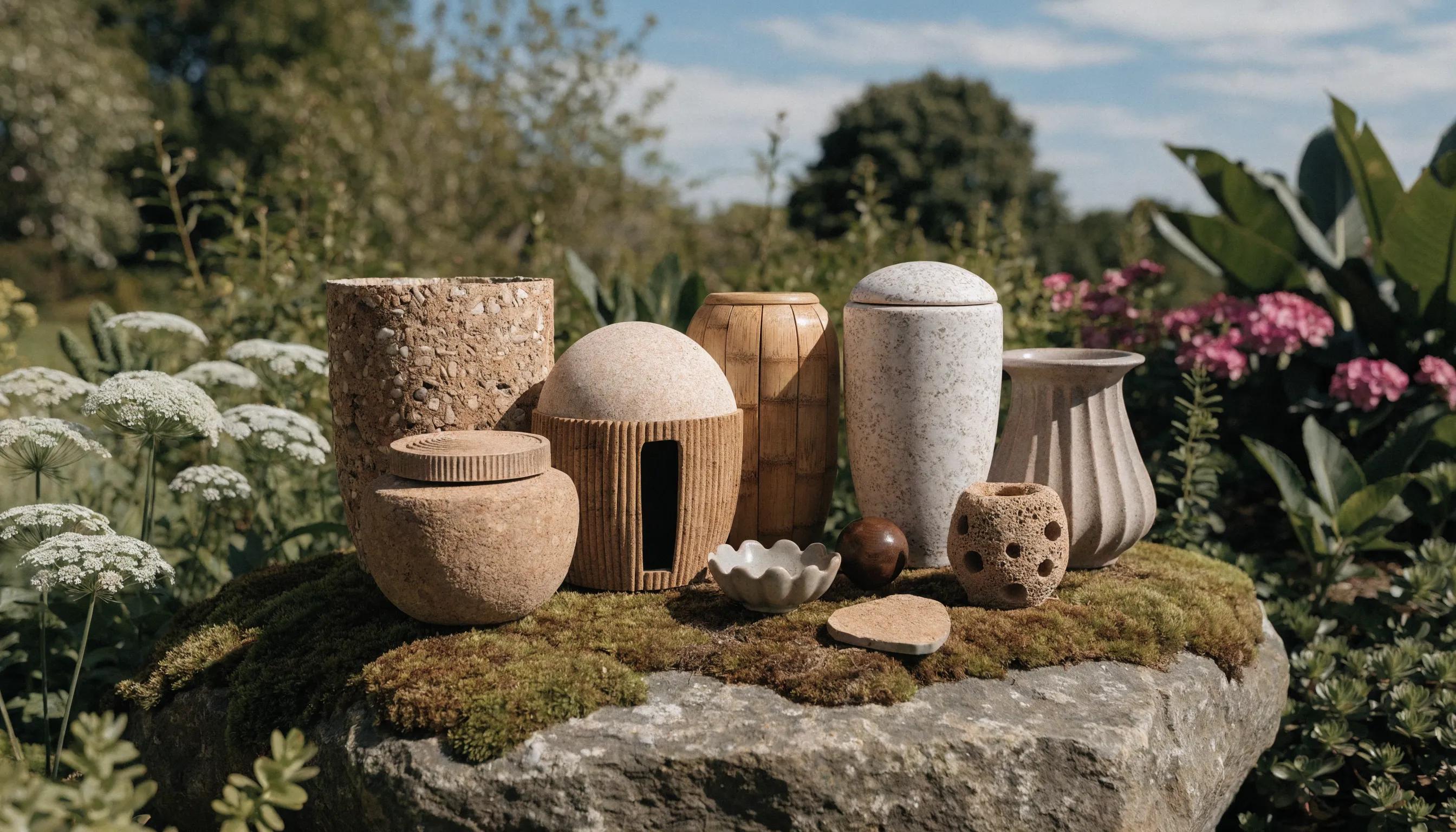 Beautiful biodegradable urns and keepsakes in a tranquil garden environment