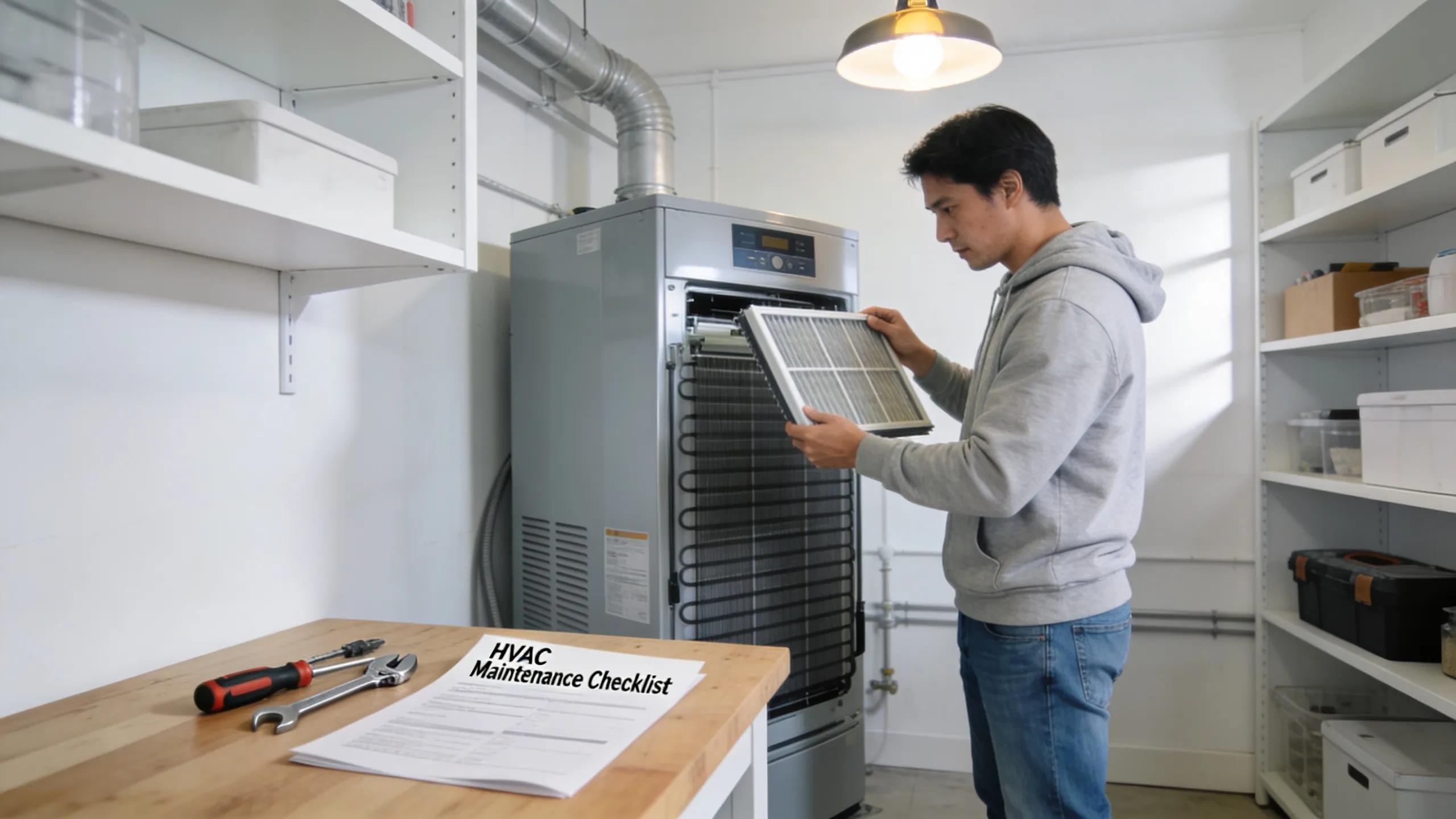 Homeowner checking air filter in a modern HVAC system during maintenance routine