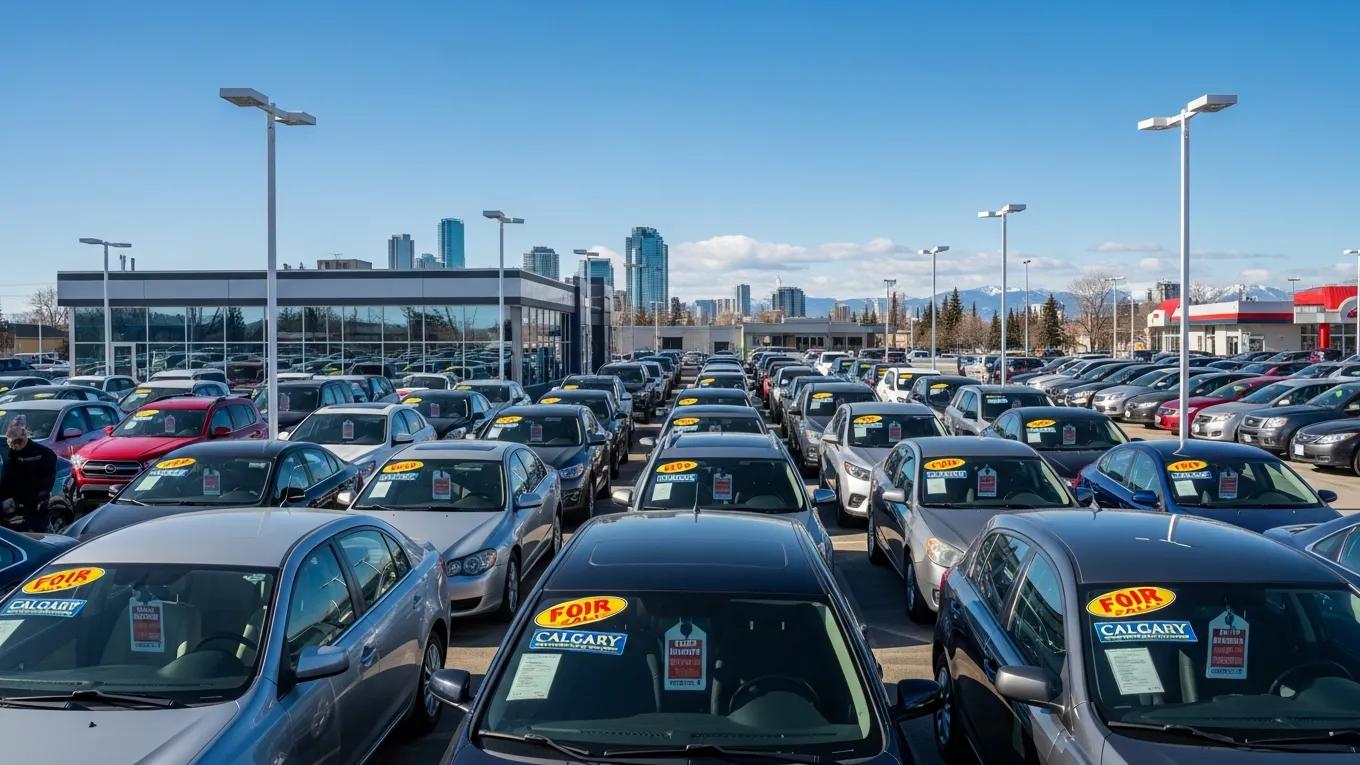 Diverse range of used cars in a Calgary dealership under a clear blue sky