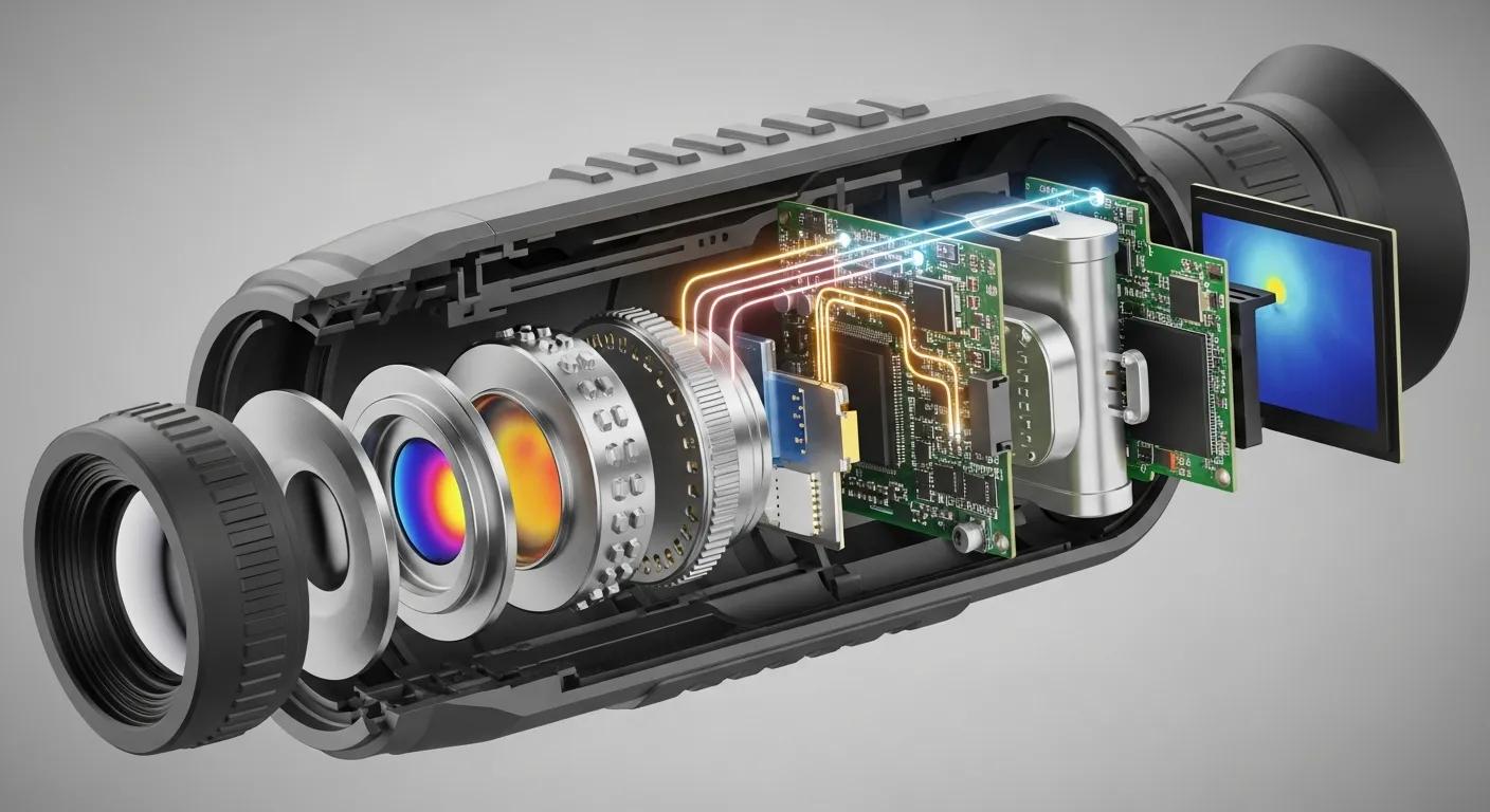 Internal components of a thermal monocular demonstrating heat detection technology