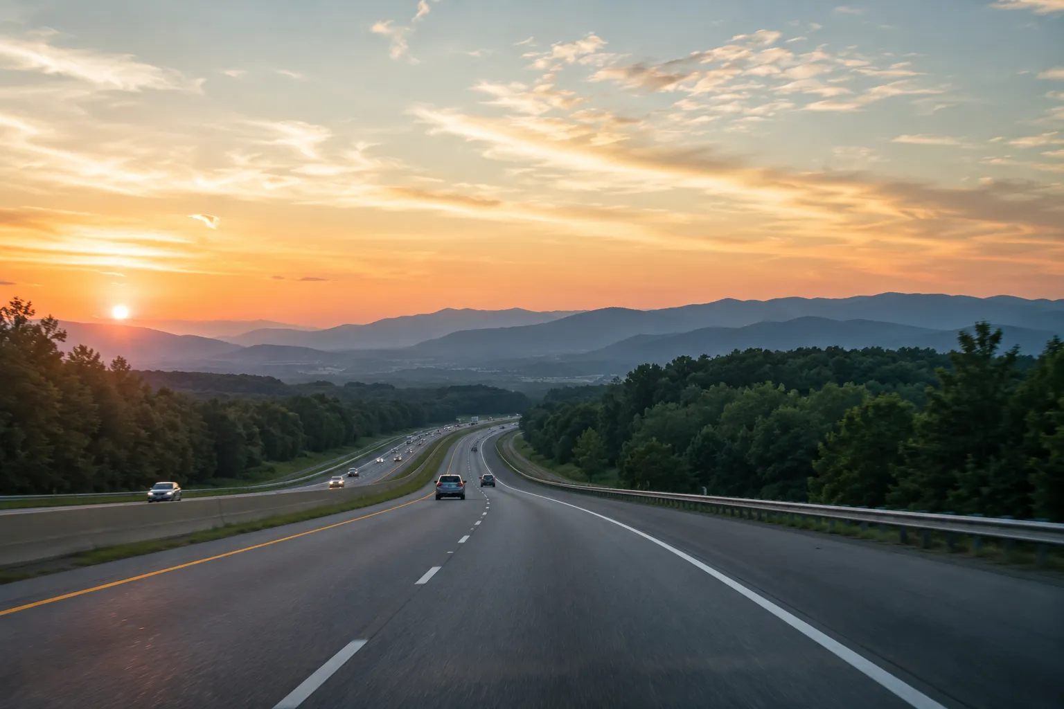 A scenic view along I-66 westbound near the Blue Ridge Mountains showing open highway leading toward the Shenandoah Valley A scenic view along I-66 westbound near the Blue Ridge Mountains showing open highway leading toward the Shenandoah Valley