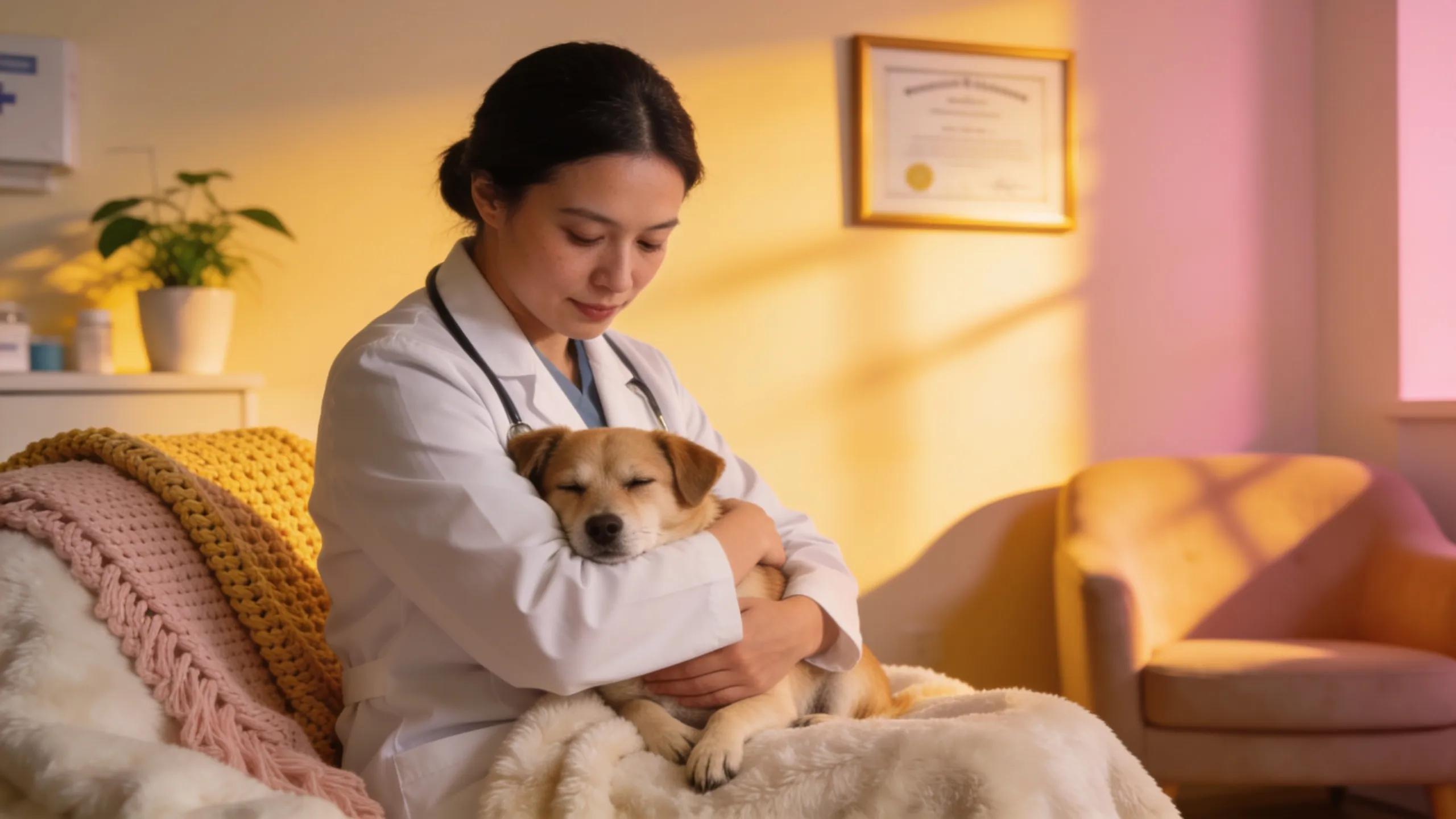 Licensed pet euthanasia professional comforting a small dog in a compassionate veterinary setting