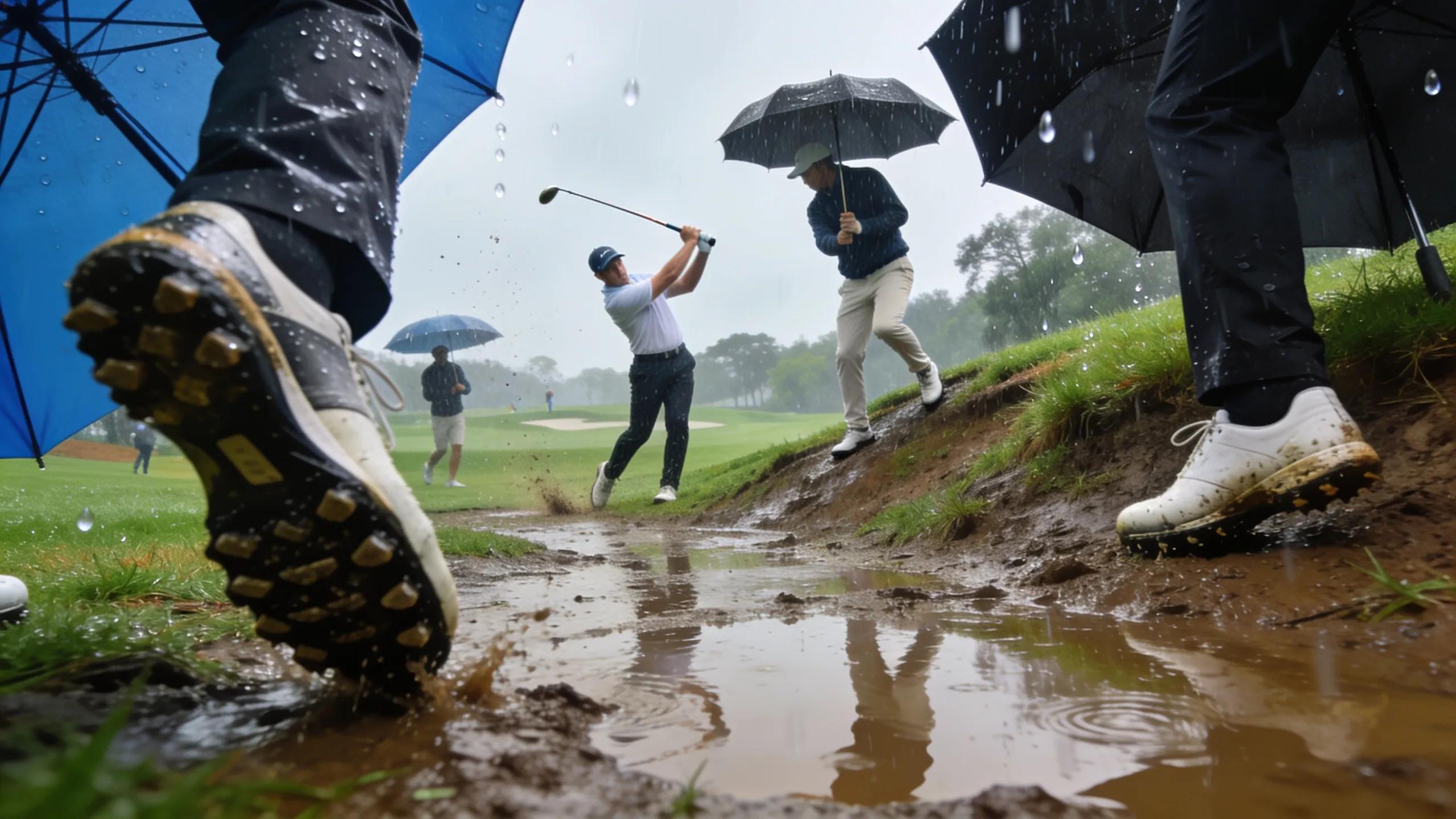 Golfers navigating muddy golf course, showcasing determination and waterproof gear