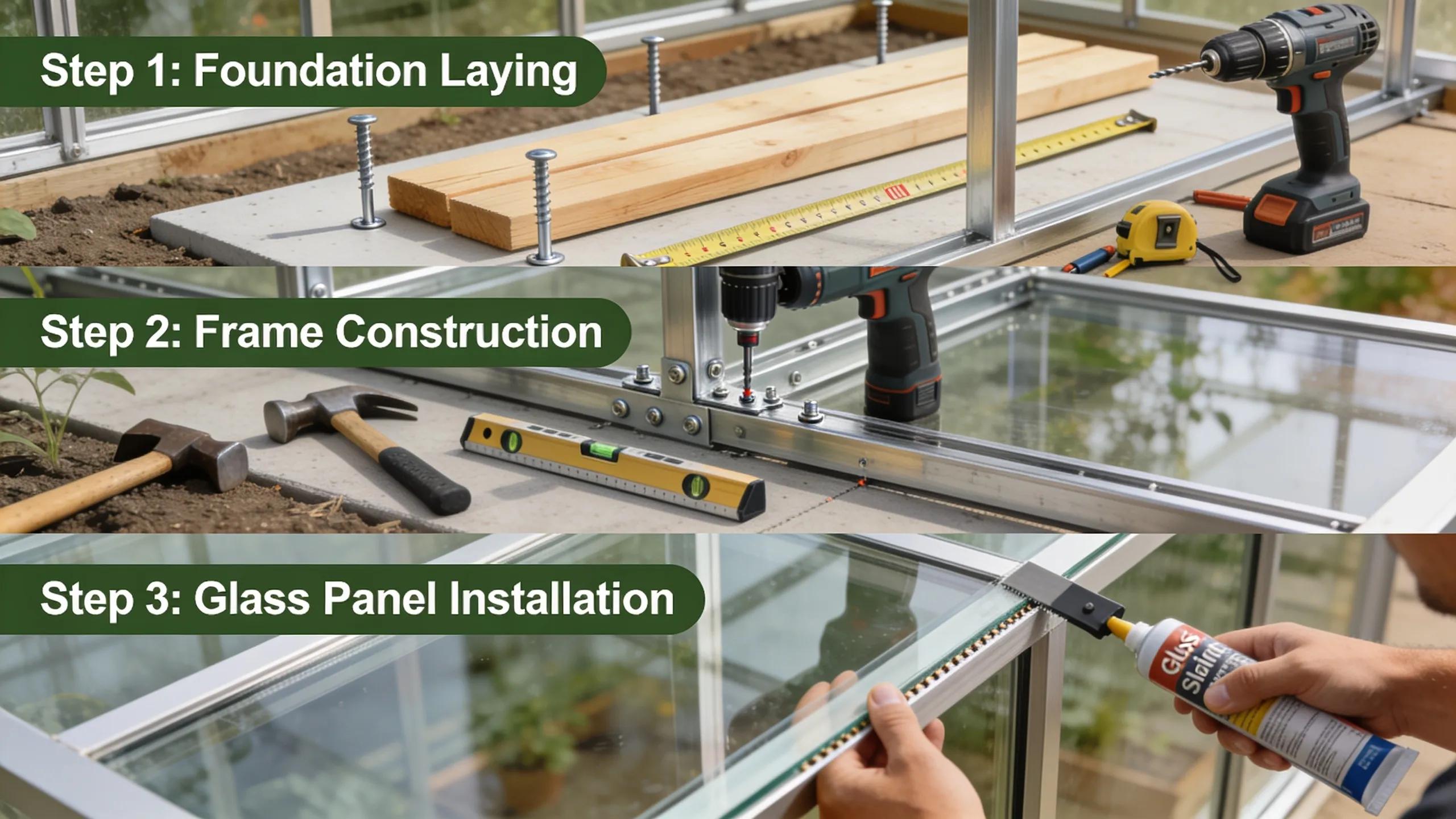 Step-by-step assembly process of a custom greenhouse with focus on craftsmanship Step-by-step assembly process of a custom greenhouse with focus on craftsmanship