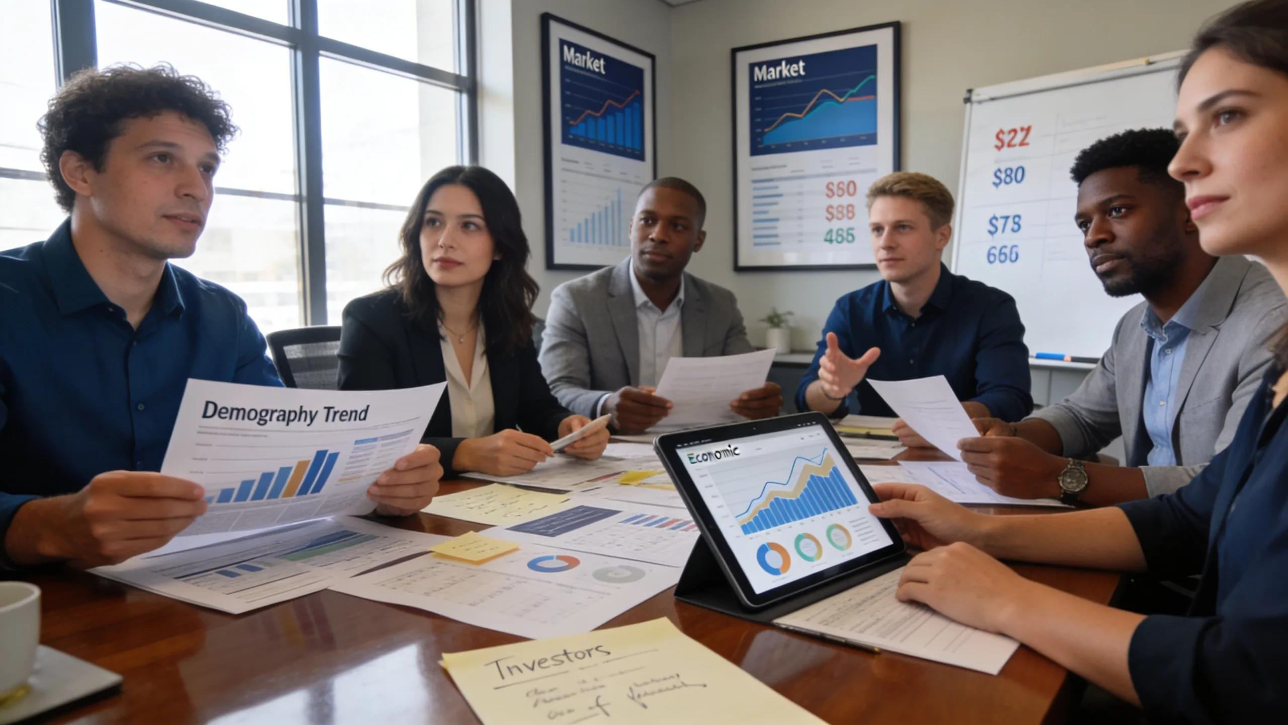 Group of investors analyzing market trends for multifamily investments.
