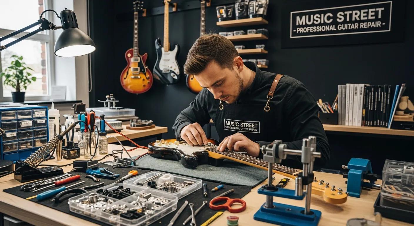 Technician performing guitar repairs in the workshop at Music Street, showcasing professional repair services