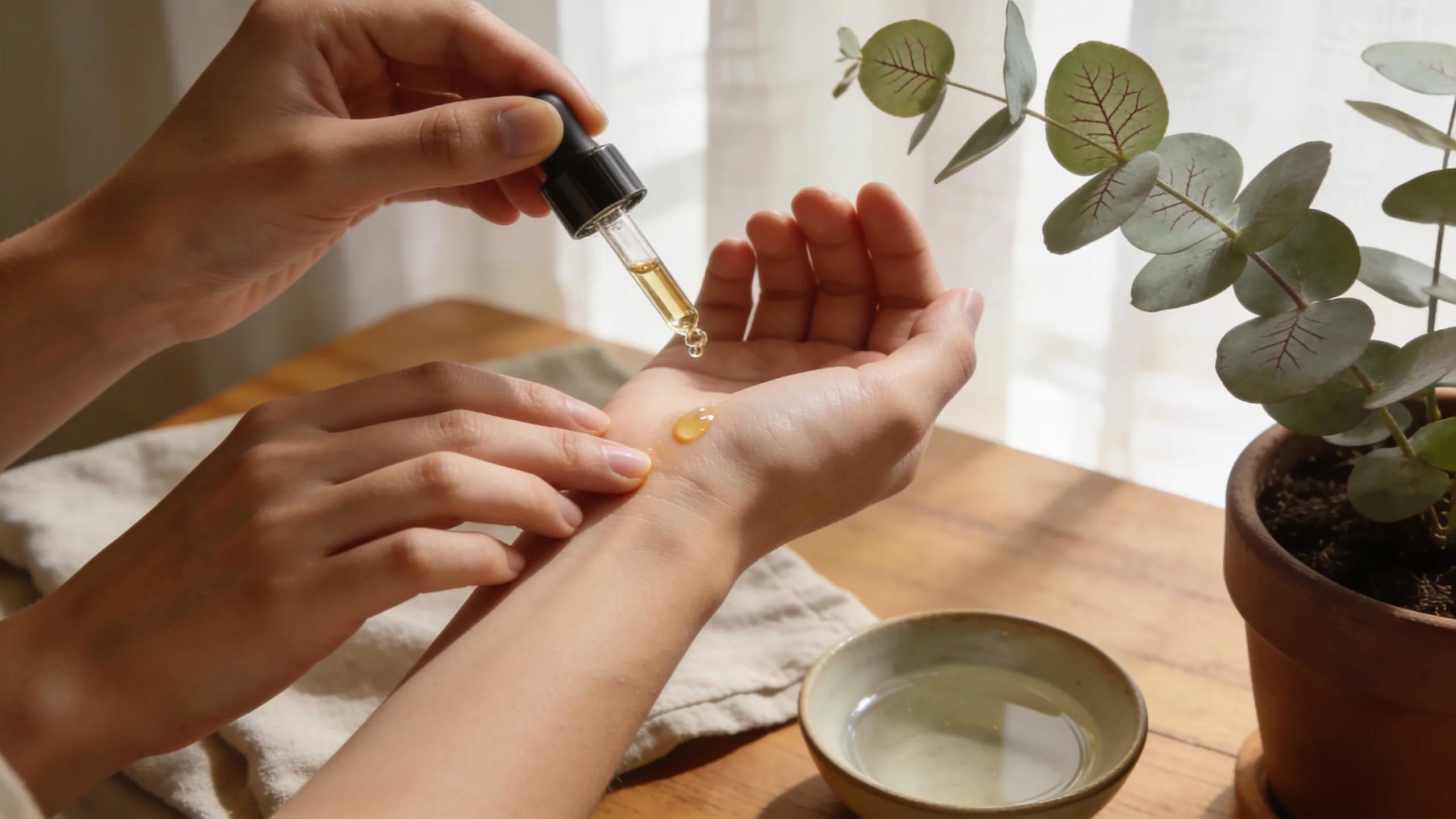 Person applying diluted Kunzea oil to their skin, illustrating safe usage methods